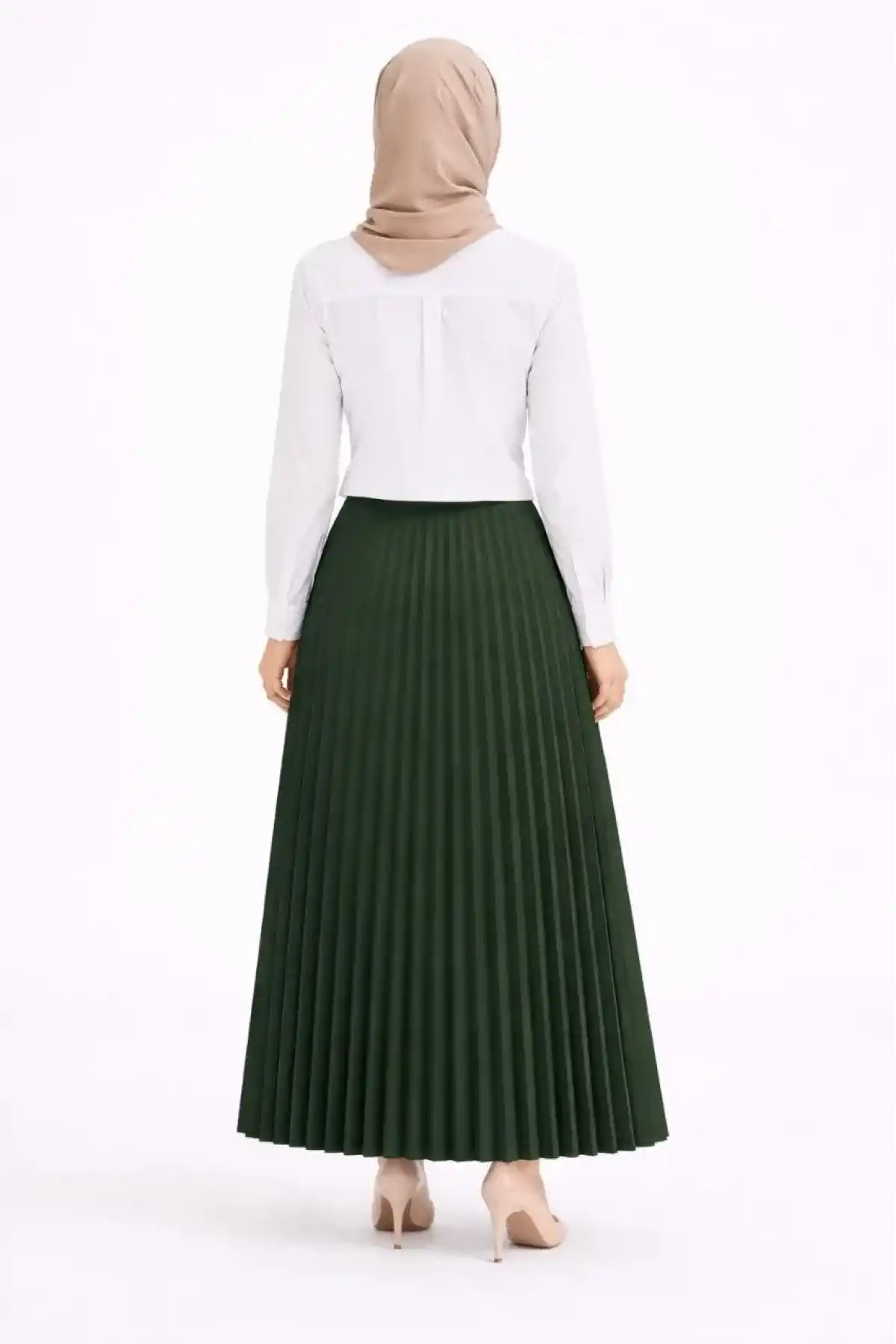 Tesettür Beyaz Gömlekli Pliseli Etek İkili Takım Gündelik ve Ofis Şıklığı - Çağla Yeşili