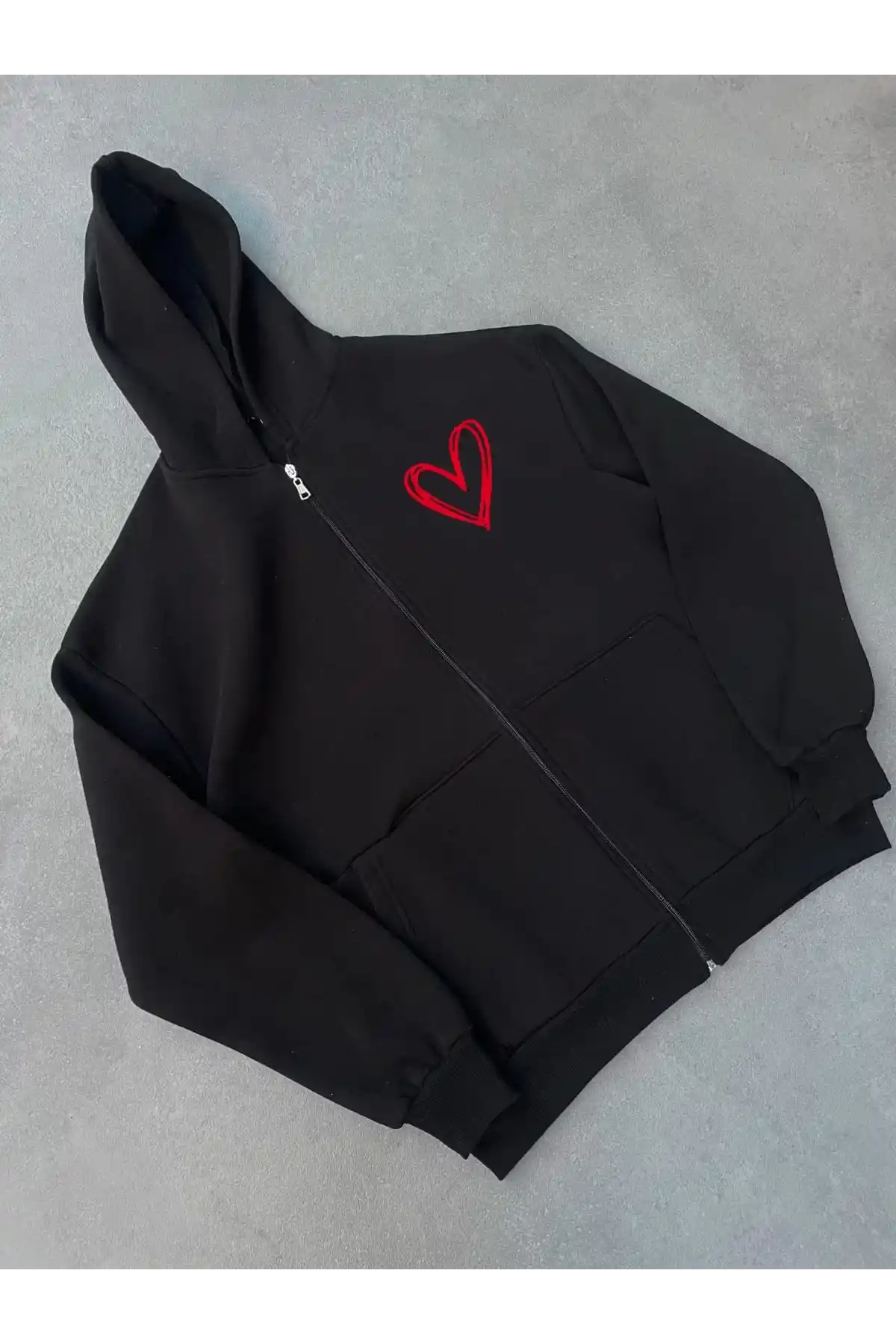 Üç İplik Baskılı Fermuarlı Kapüşonlu Hırka - Siyah