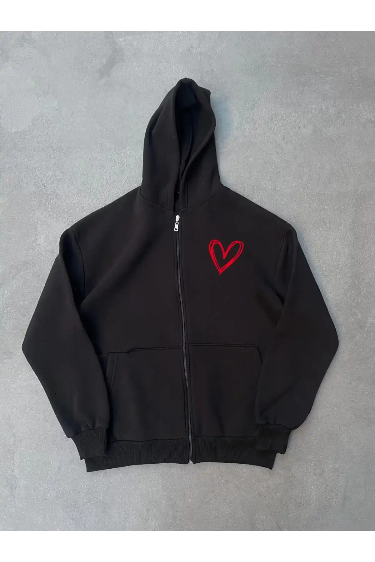 Üç İplik Baskılı Fermuarlı Kapüşonlu Hırka - Siyah