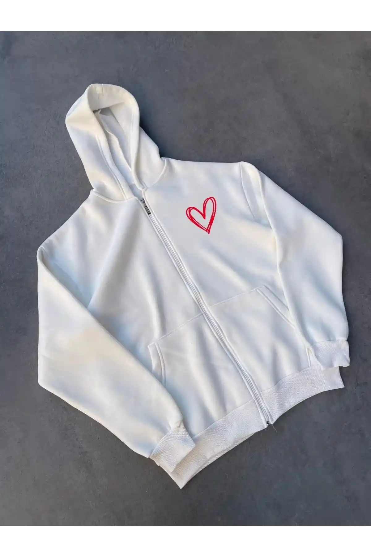 Üç İplik Baskılı Fermuarlı Kapüşonlu Hırka - Beyaz
