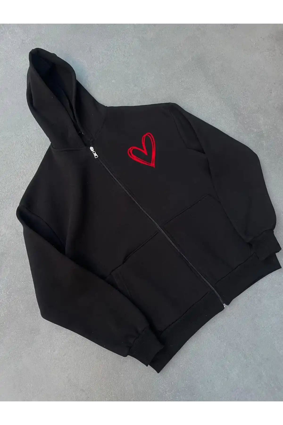 Üç İplik Baskılı Fermuarlı Kapüşonlu Hırka - Siyah