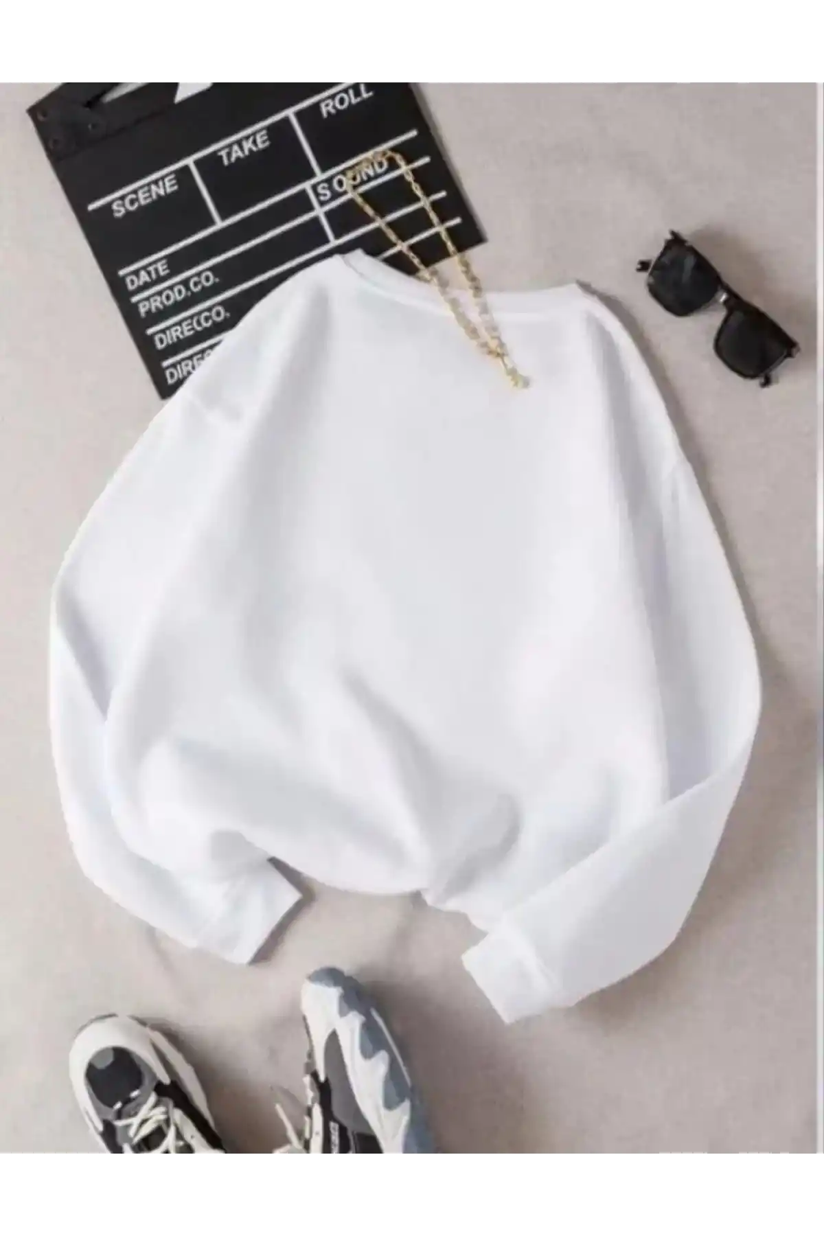 Unisex Üç İplik Biskilet Yaka SweatShirt - Beyaz