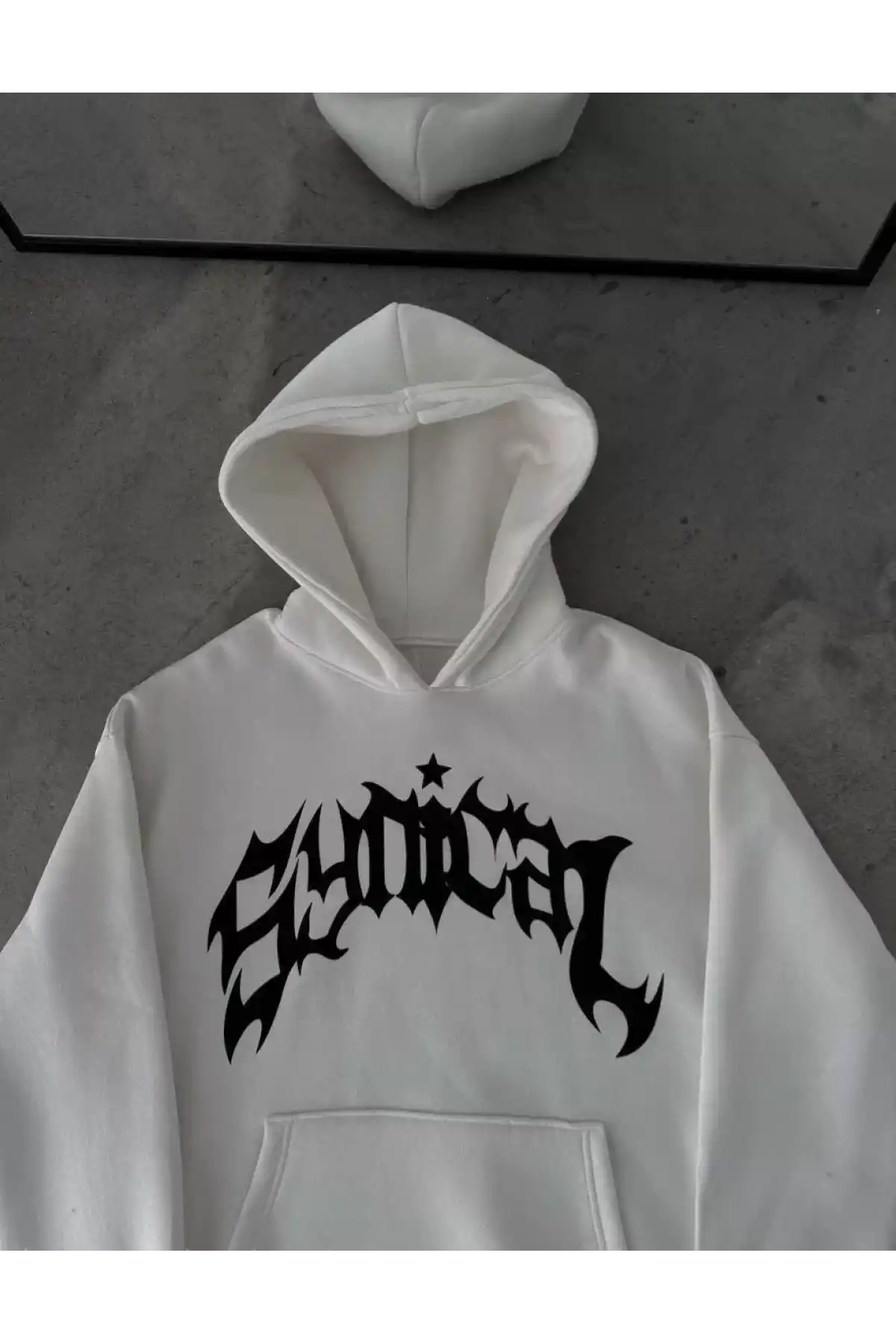 Üç İplik Kapüşonlu Baskılı Oversize SweatShirt- Beyaz