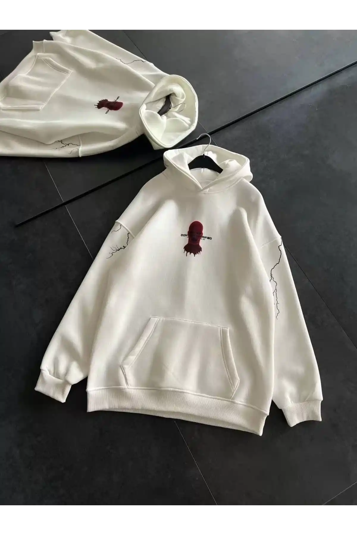 Üç İplik Kapüşonlu Baskılı Oversize SweatShirt- Beyaz