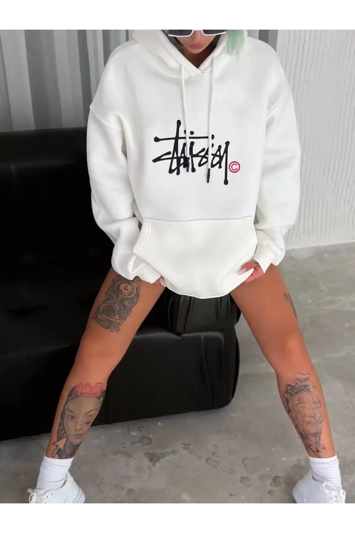 Üç İplik Kapşonlu Baskılı SweatShirt - Beyaz