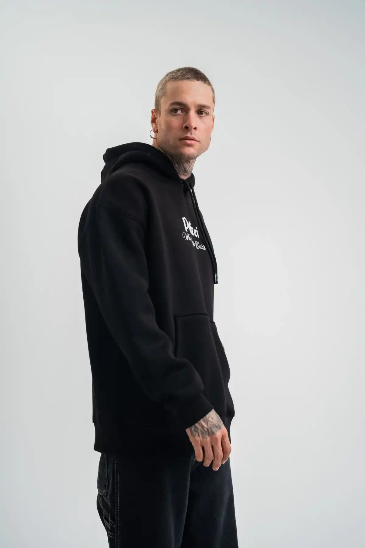 Erkek 3 İplik Pamuklu Kapüşonlu Baskılı Cepli Oversize Sweatshirt Hoodie - Siyah