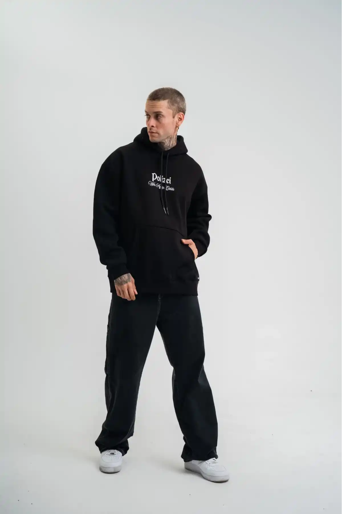 Erkek 3 İplik Pamuklu Kapüşonlu Baskılı Cepli Oversize Sweatshirt Hoodie - Siyah