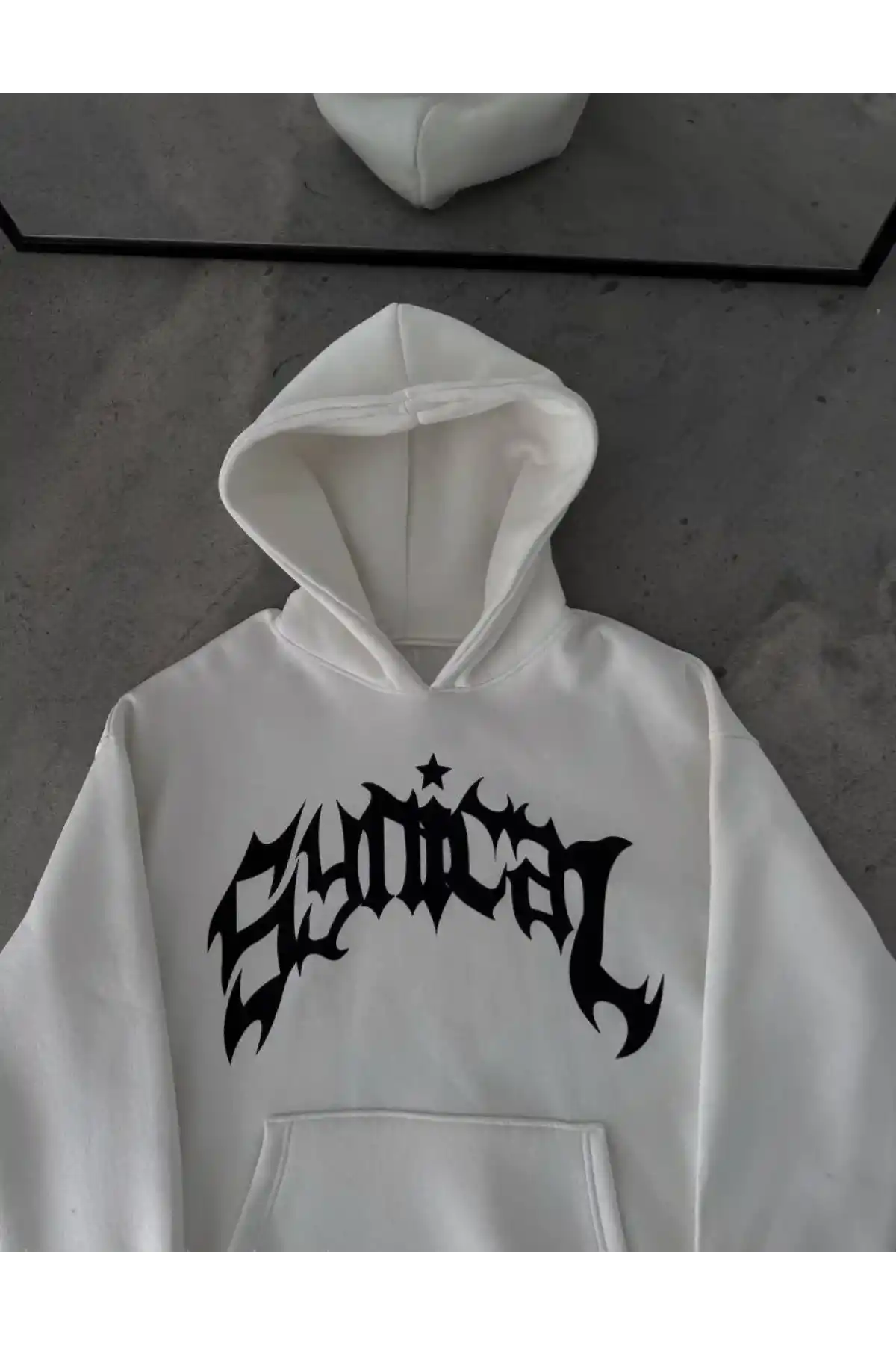 Üç İplik Kapüşonlu Baskılı Oversize SweatShirt- Beyaz