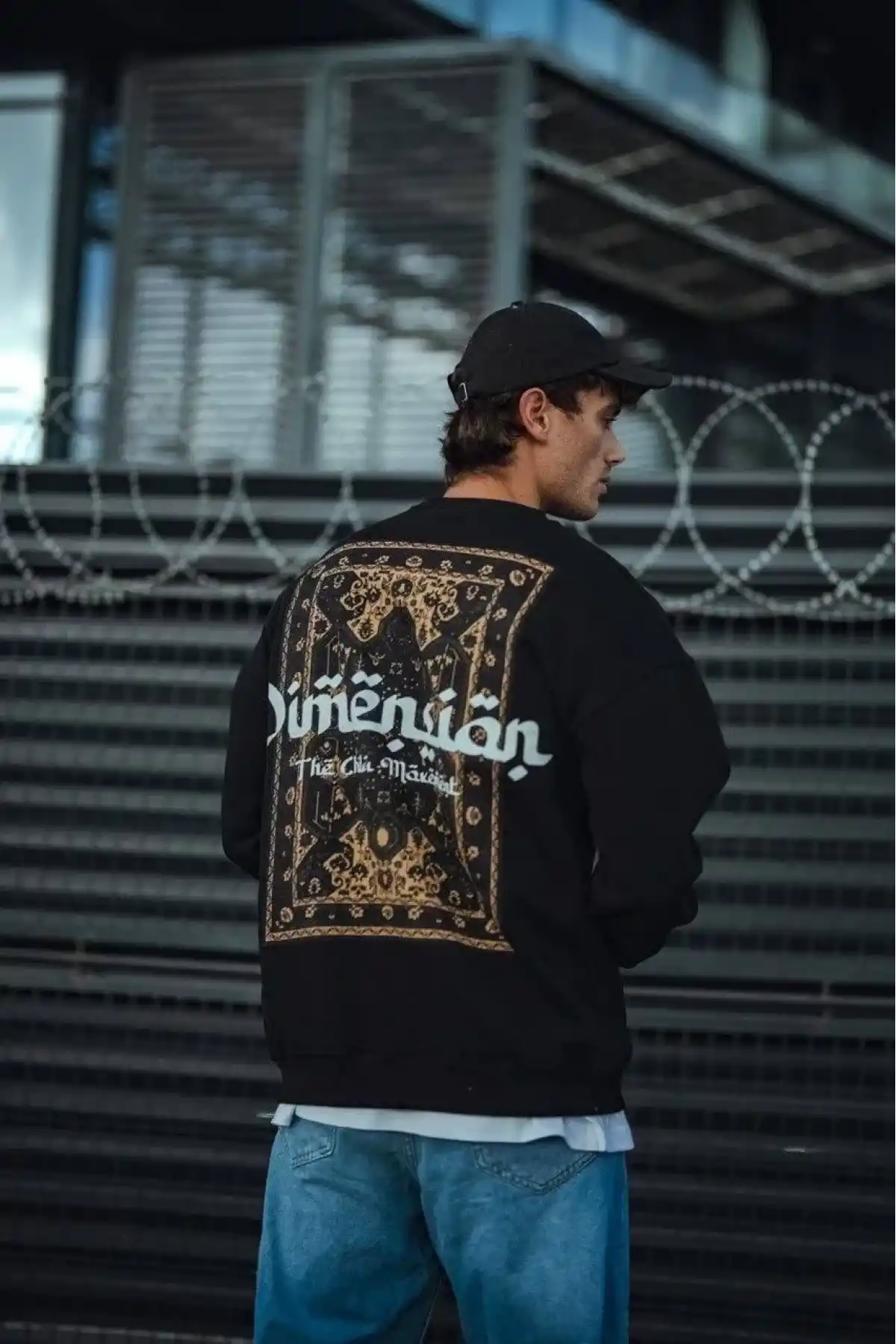 Erkek 3 iplik Pamuklu Bisiklet Yaka Baskılı SweatShirt - Siyah