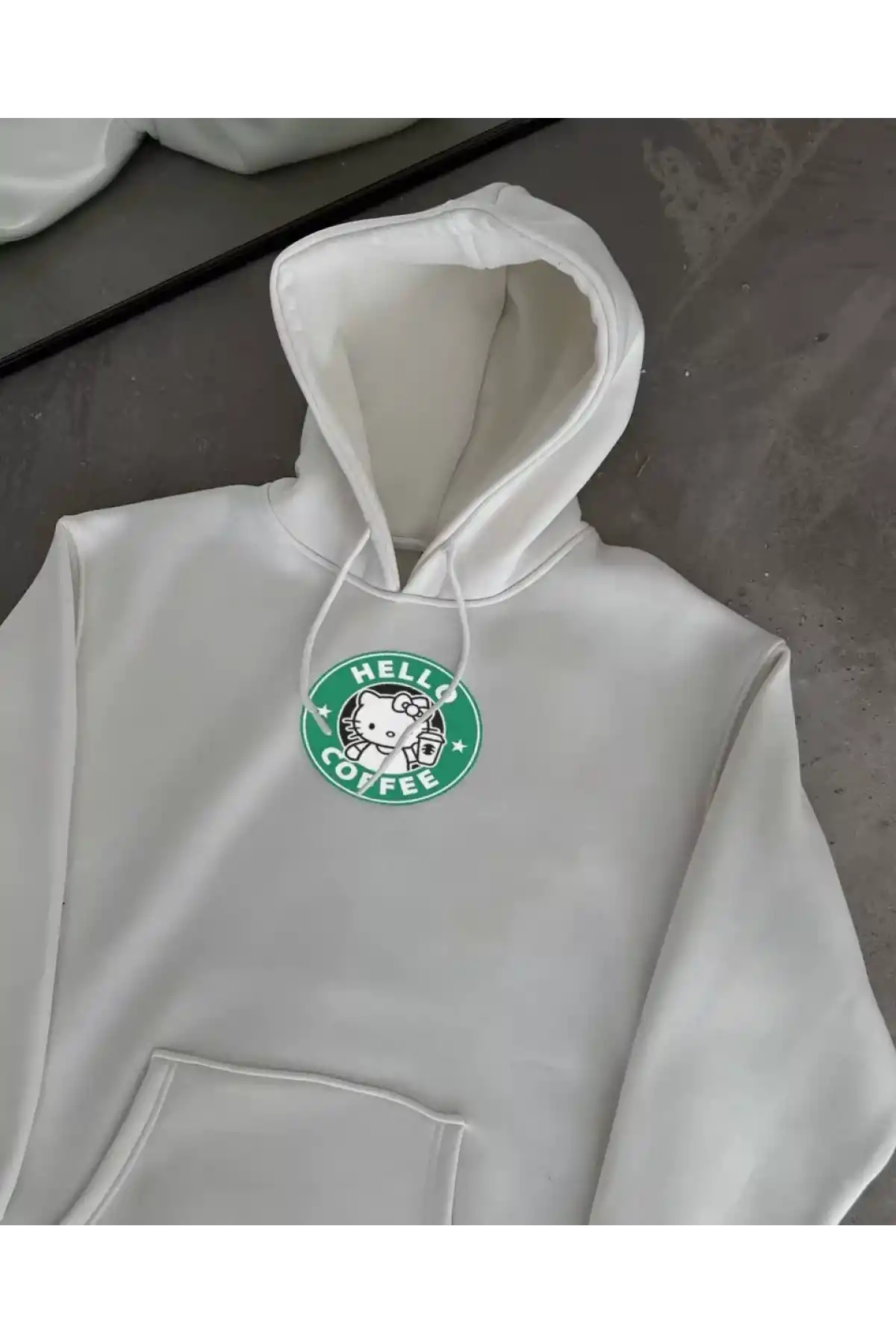 Üç İplik Penye Uzun Kol Kapüşonlu SweatShirt - Beyaz