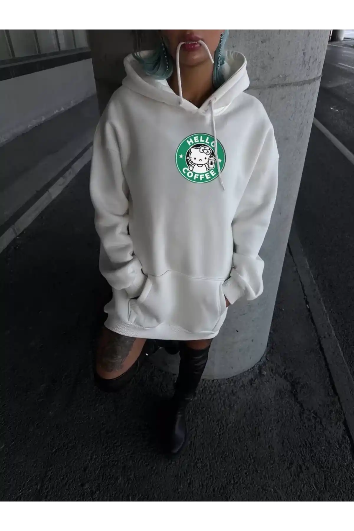 Üç İplik Penye Uzun Kol Kapüşonlu SweatShirt - Beyaz