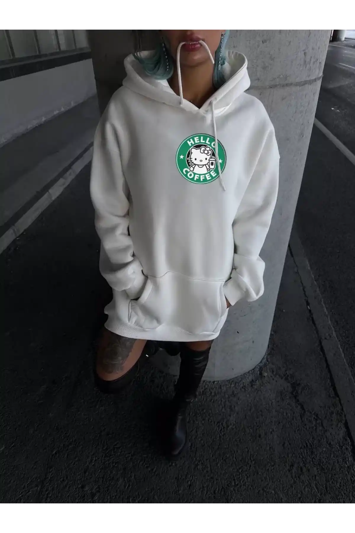 Üç İplik Penye Uzun Kol Kapüşonlu SweatShirt - Beyaz