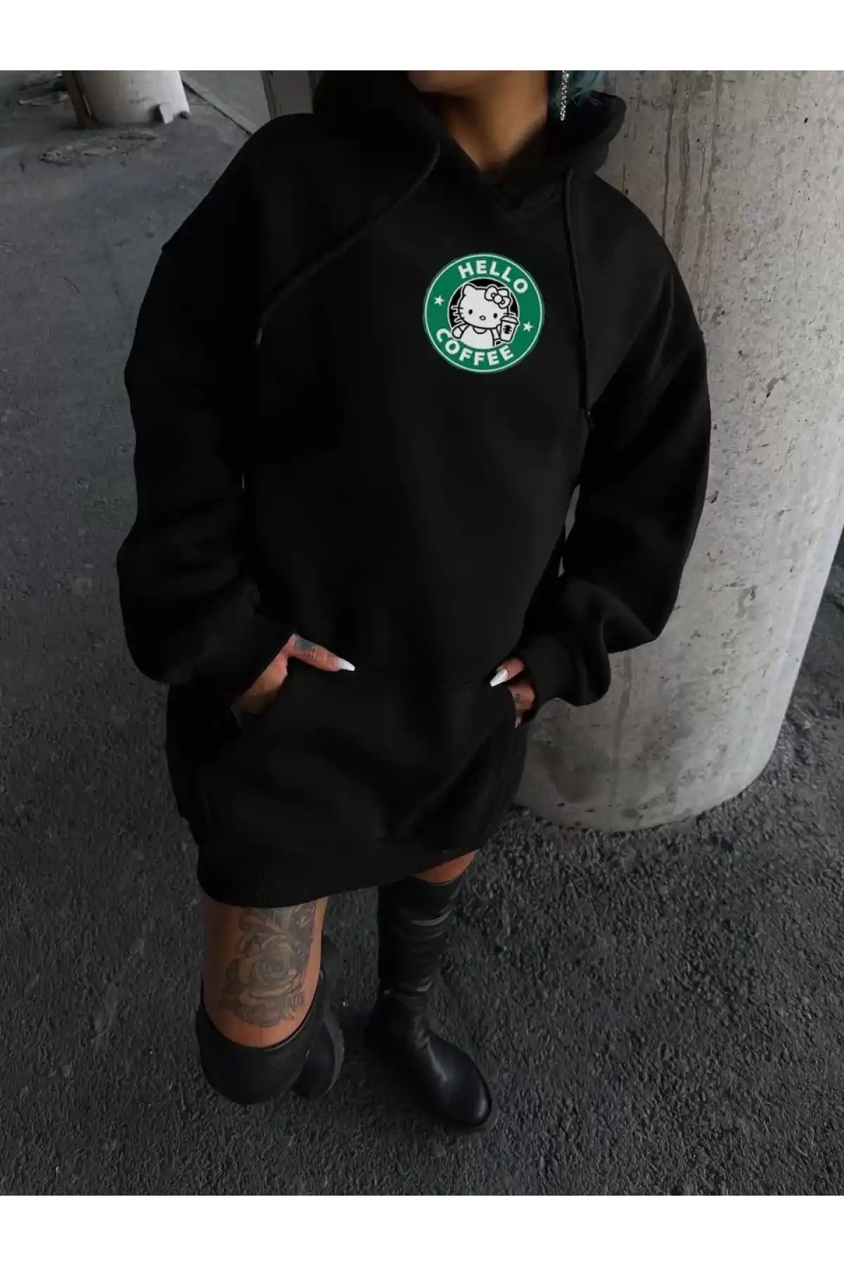 Üç İplik Penye Uzun Kol Kapüşonlu SweatShirt - Siyah