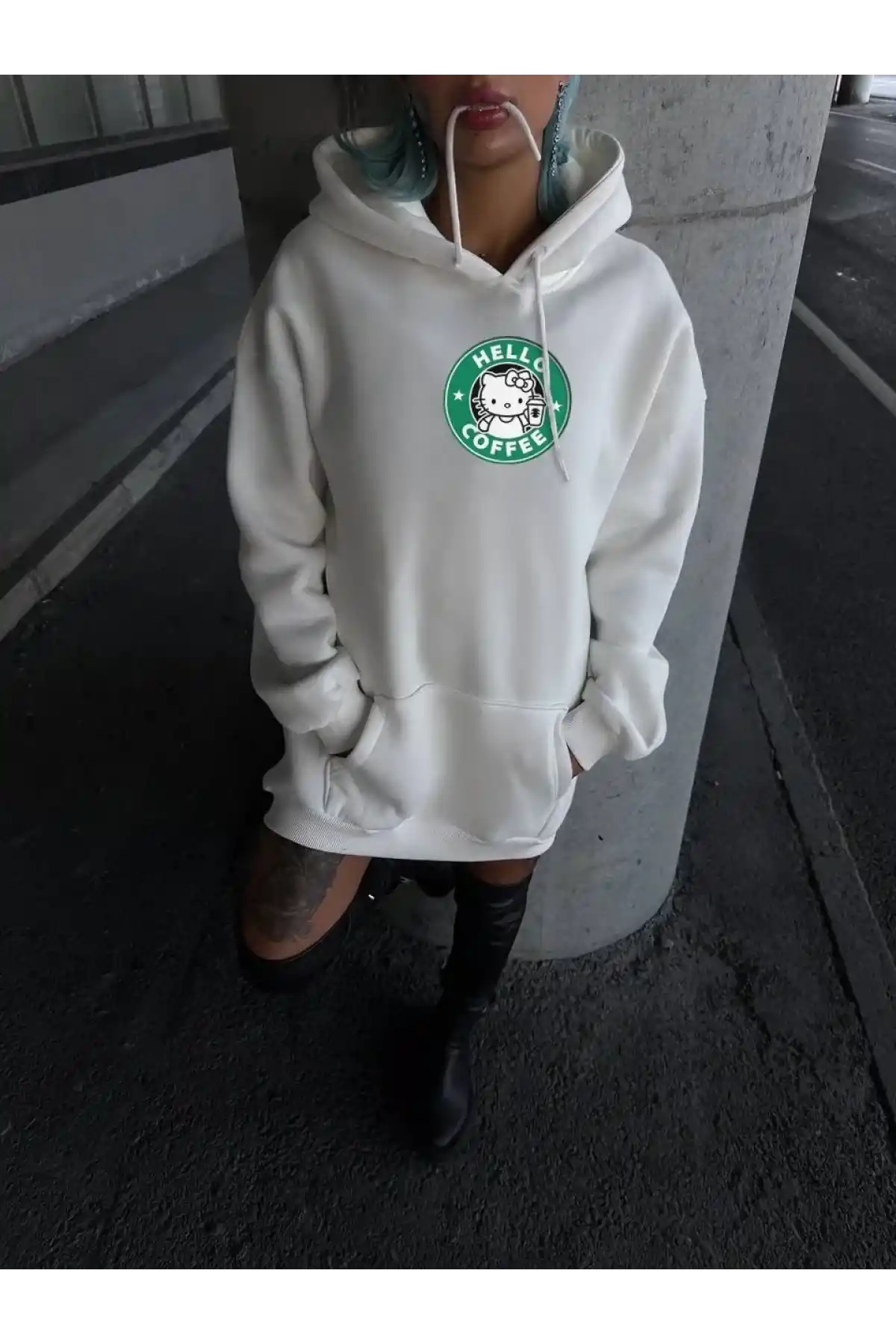 Üç İplik Penye Uzun Kol Kapüşonlu SweatShirt - Beyaz