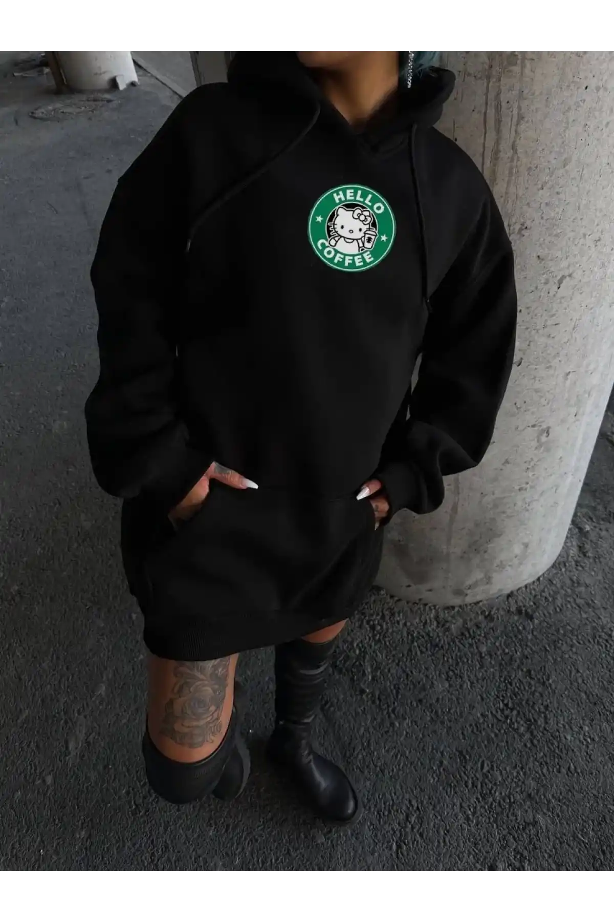 Üç İplik Penye Uzun Kol Kapüşonlu SweatShirt - Siyah