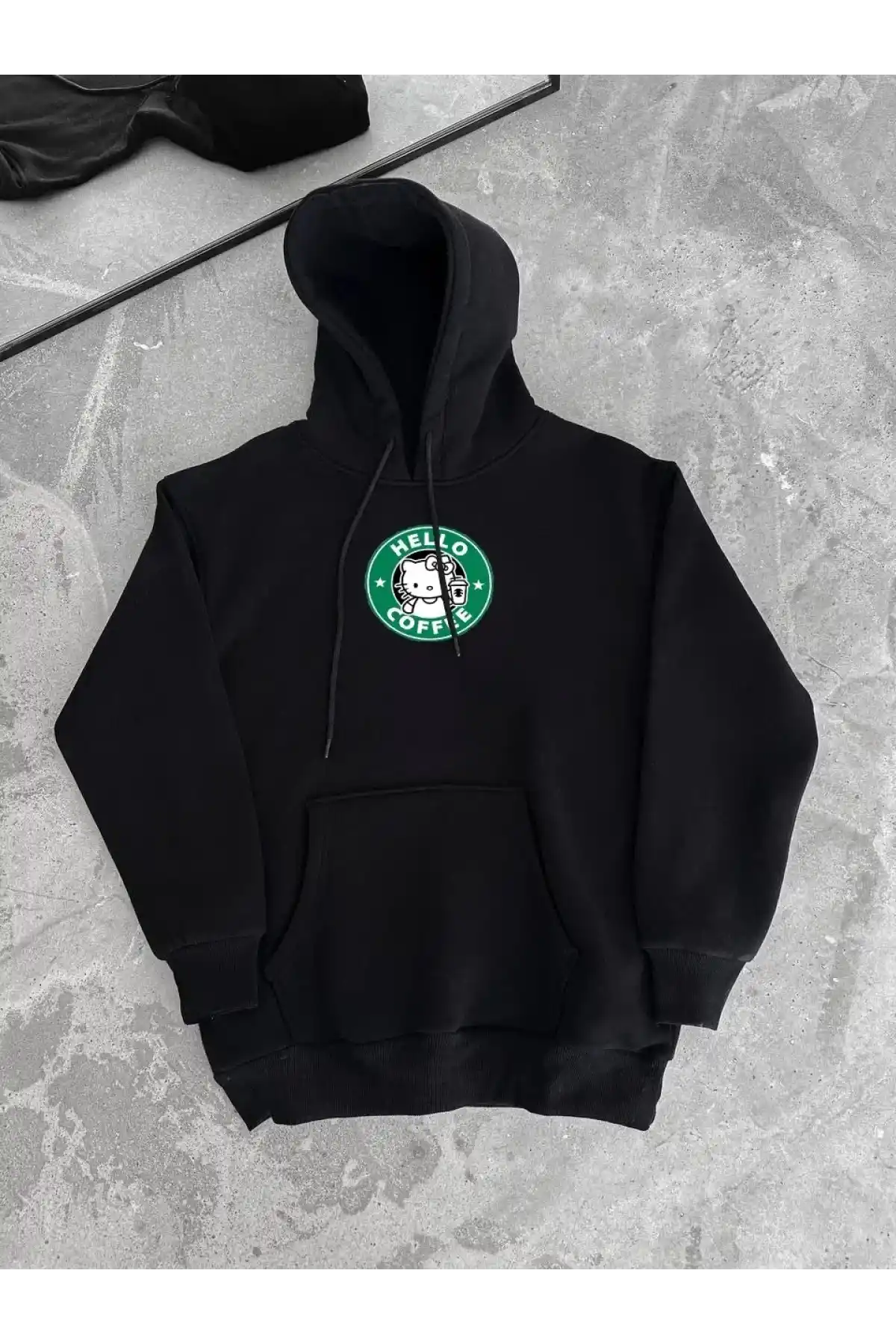 Üç İplik Penye Uzun Kol Kapüşonlu SweatShirt - Siyah