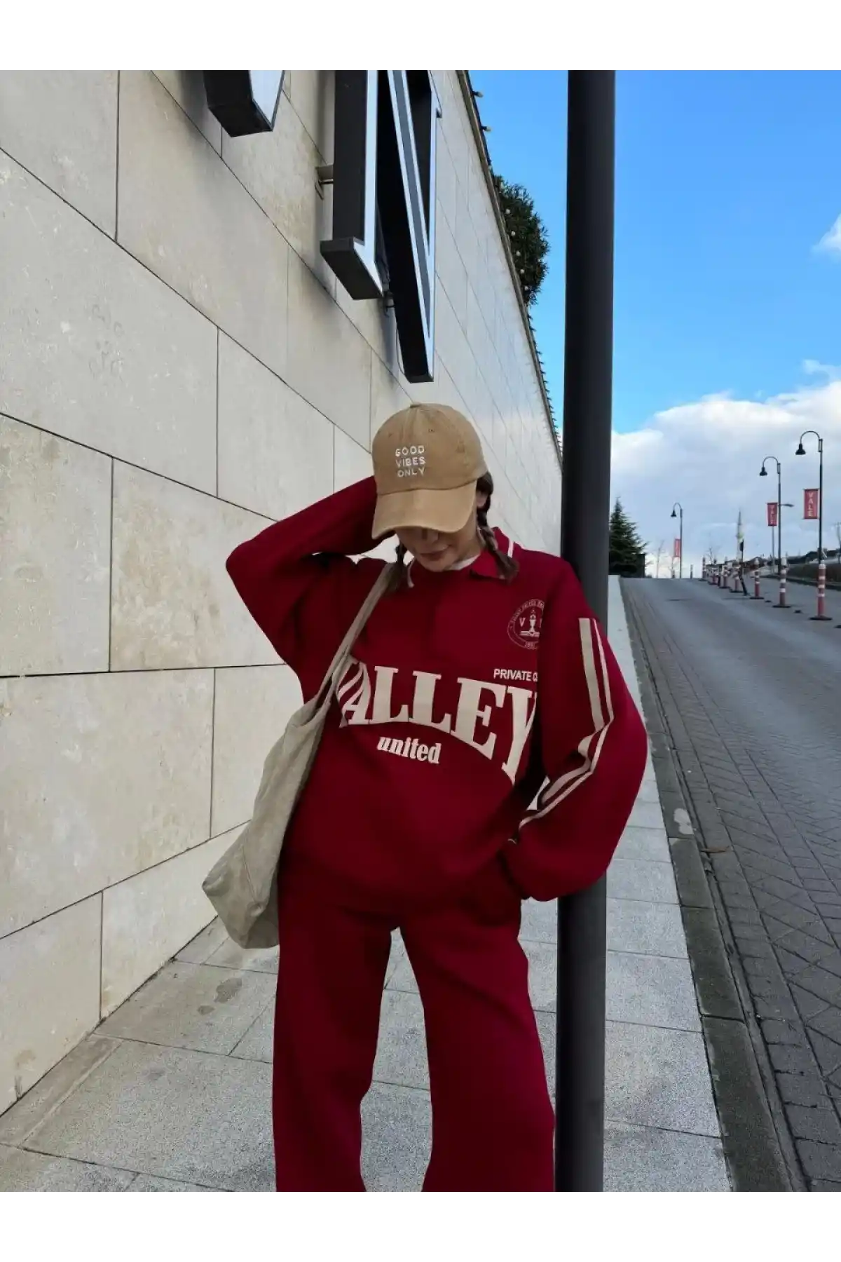 Üç İplik Yakalı Sweat Baggy Pantalonlu Takım - Bordo
