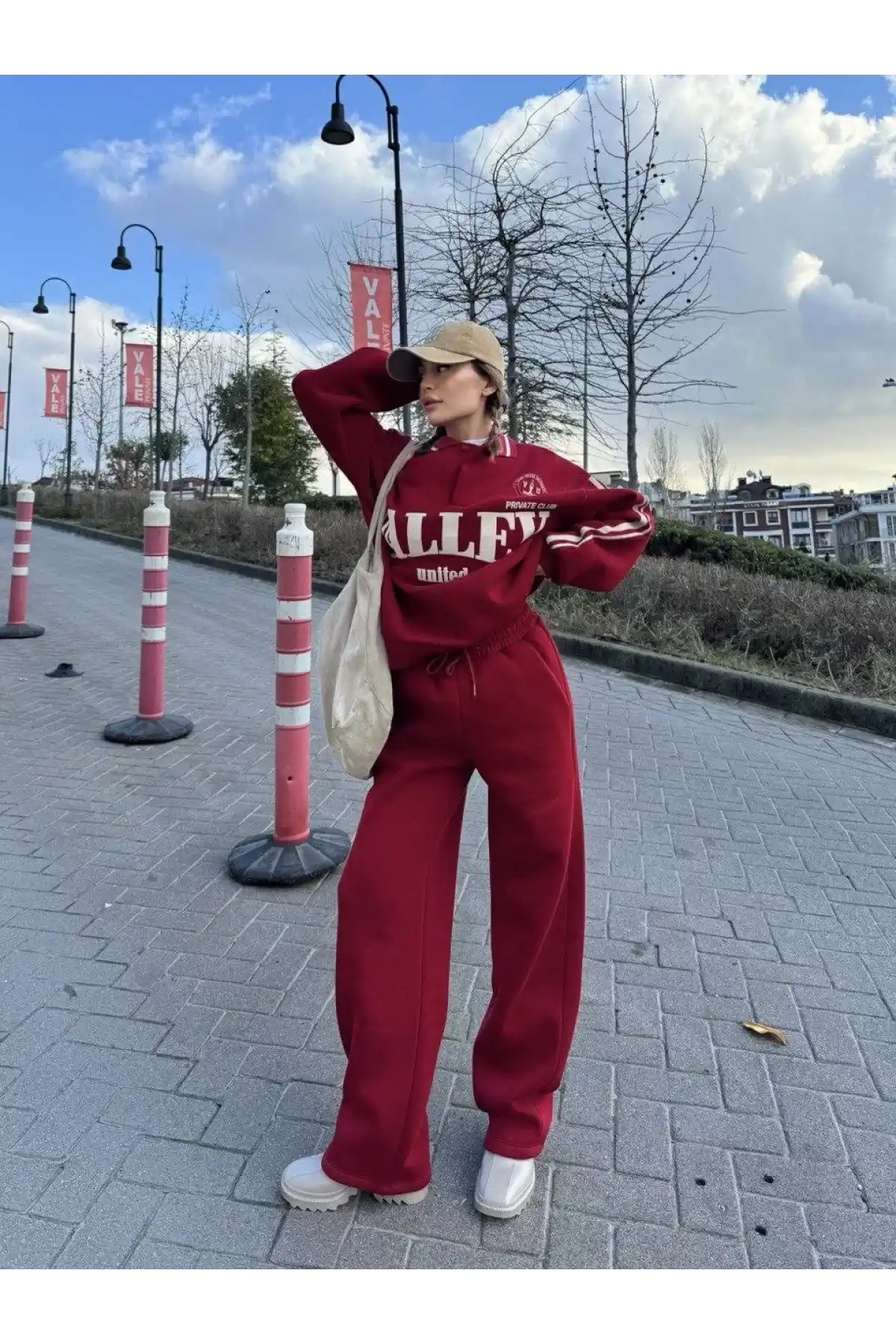 Üç İplik Yakalı Sweat Baggy Pantalonlu Takım - Bordo