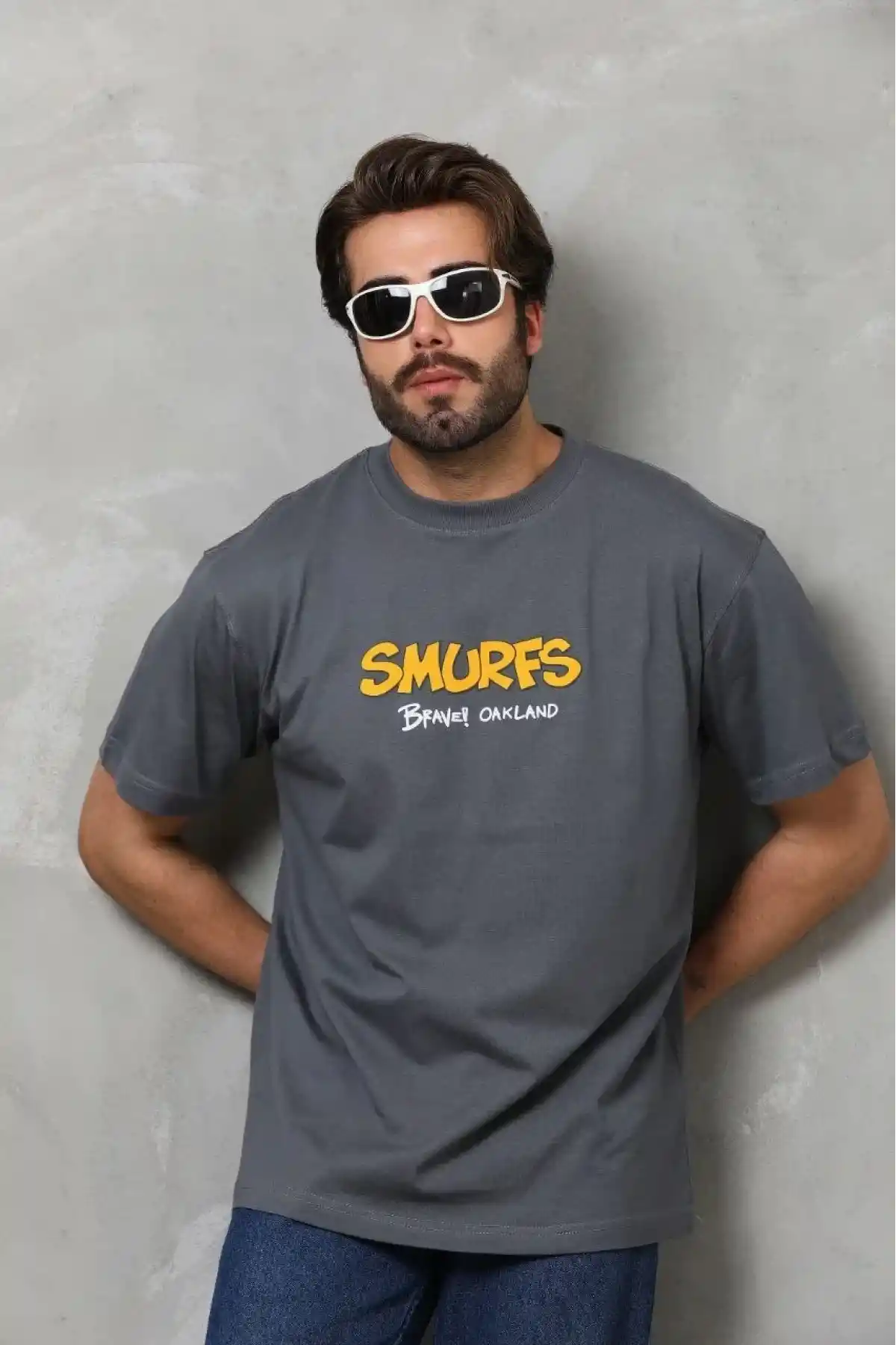 Unisex Basic Bisiklet Yaka Oversize T-Shirt - Füme