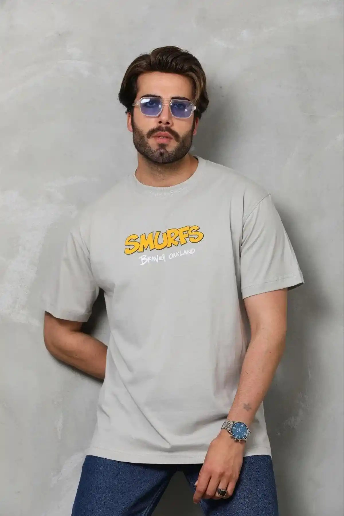 Unisex Basic Bisiklet Yaka Oversize T-Shirt - Gri