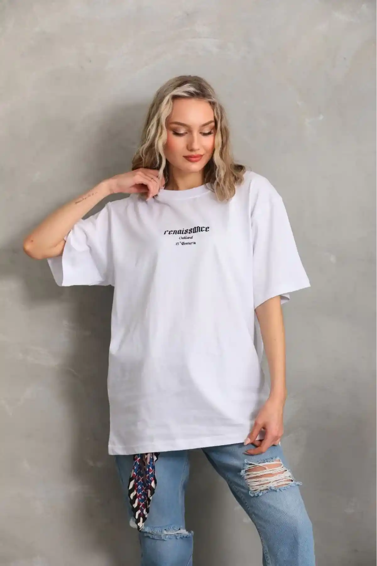 Kadın Baskılı Oversize T-Shirt - Beyaz