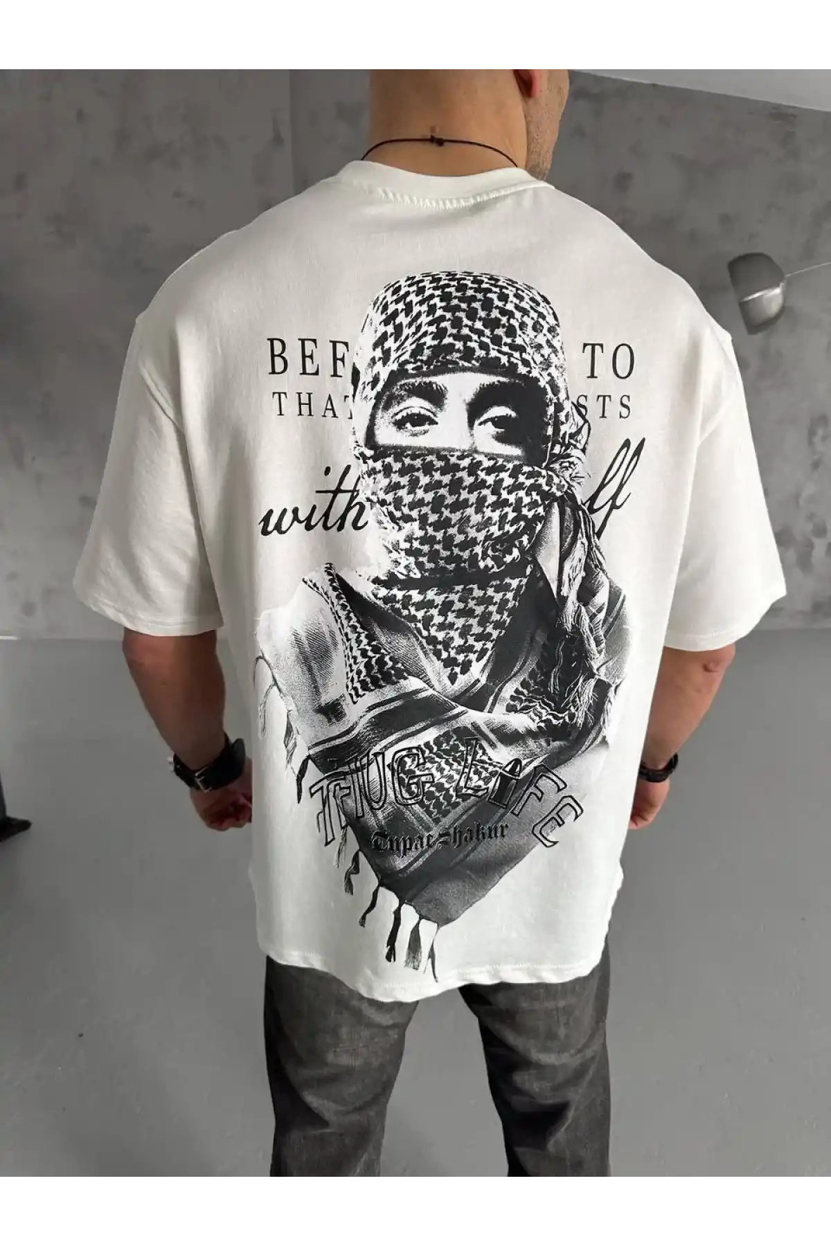 Unisex Baskılı Oversize T-Shirt - Beyaz