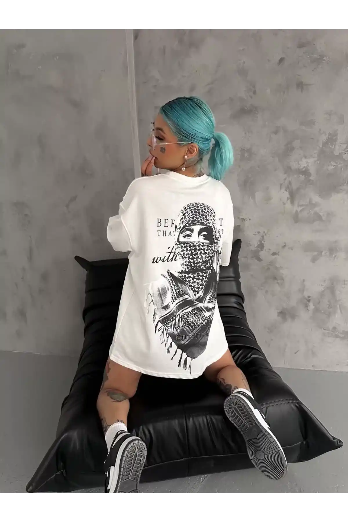 Unisex Baskılı Oversize T-Shirt - Beyaz