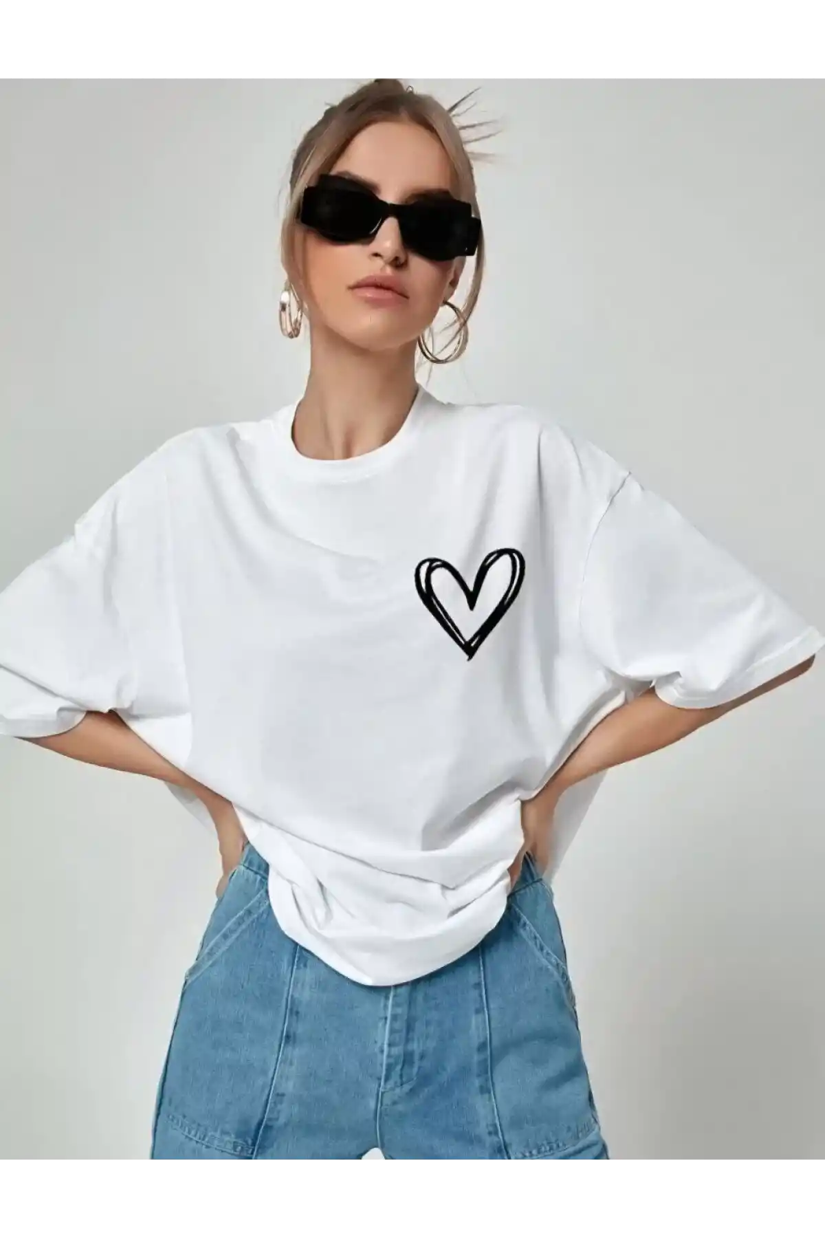 Unisex Baskılı Oversize T-Shirt - Beyaz