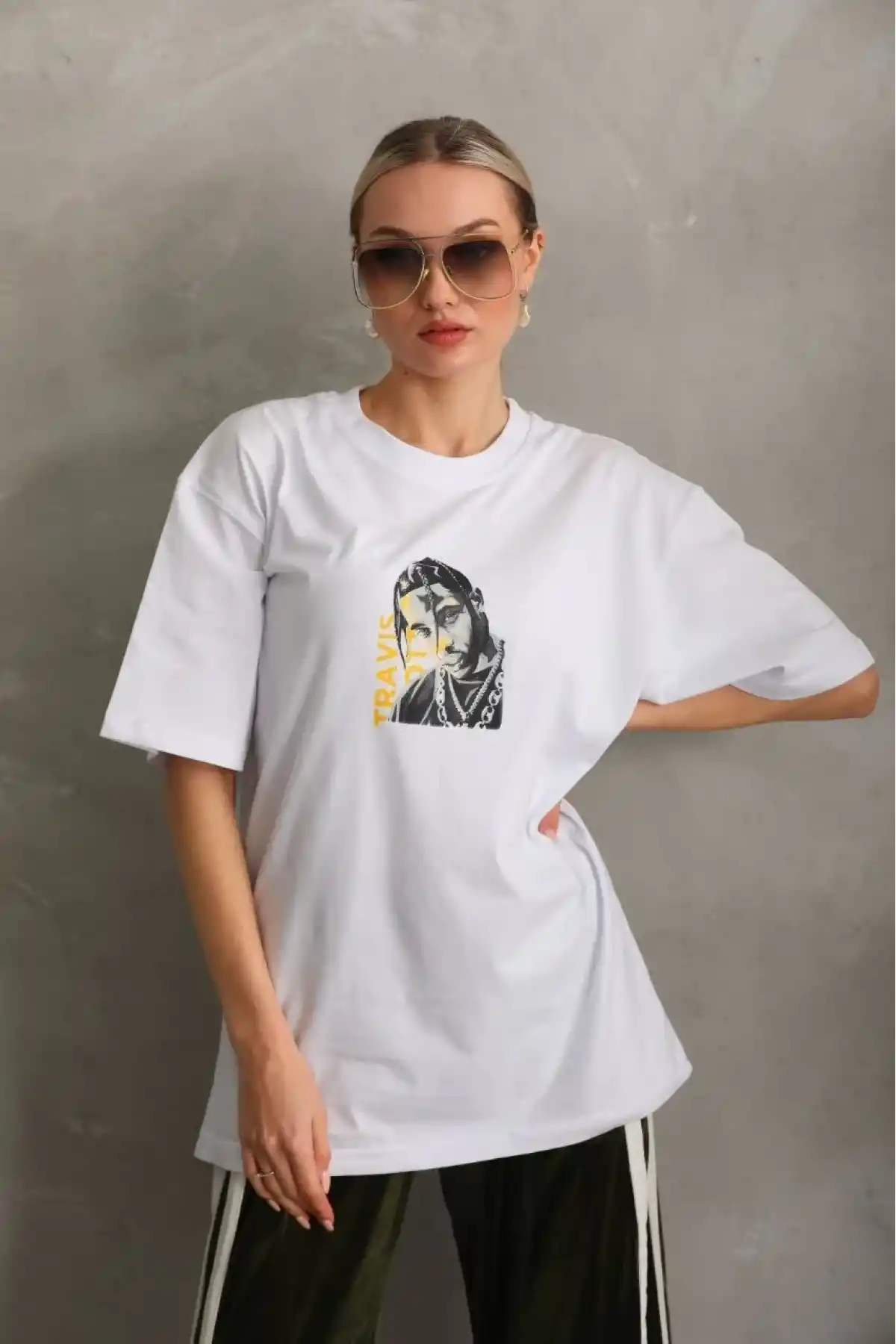 Kadın Baskılı Oversize T-Shirt - Beyaz