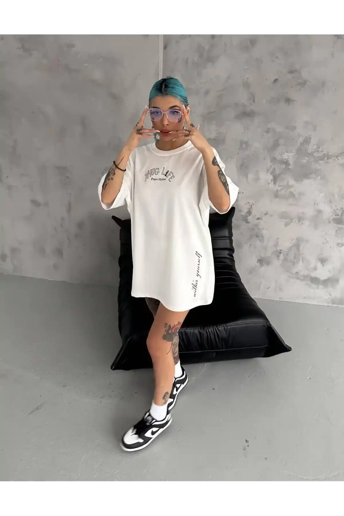 Kadın Baskılı Oversize T-Shirt - Beyaz