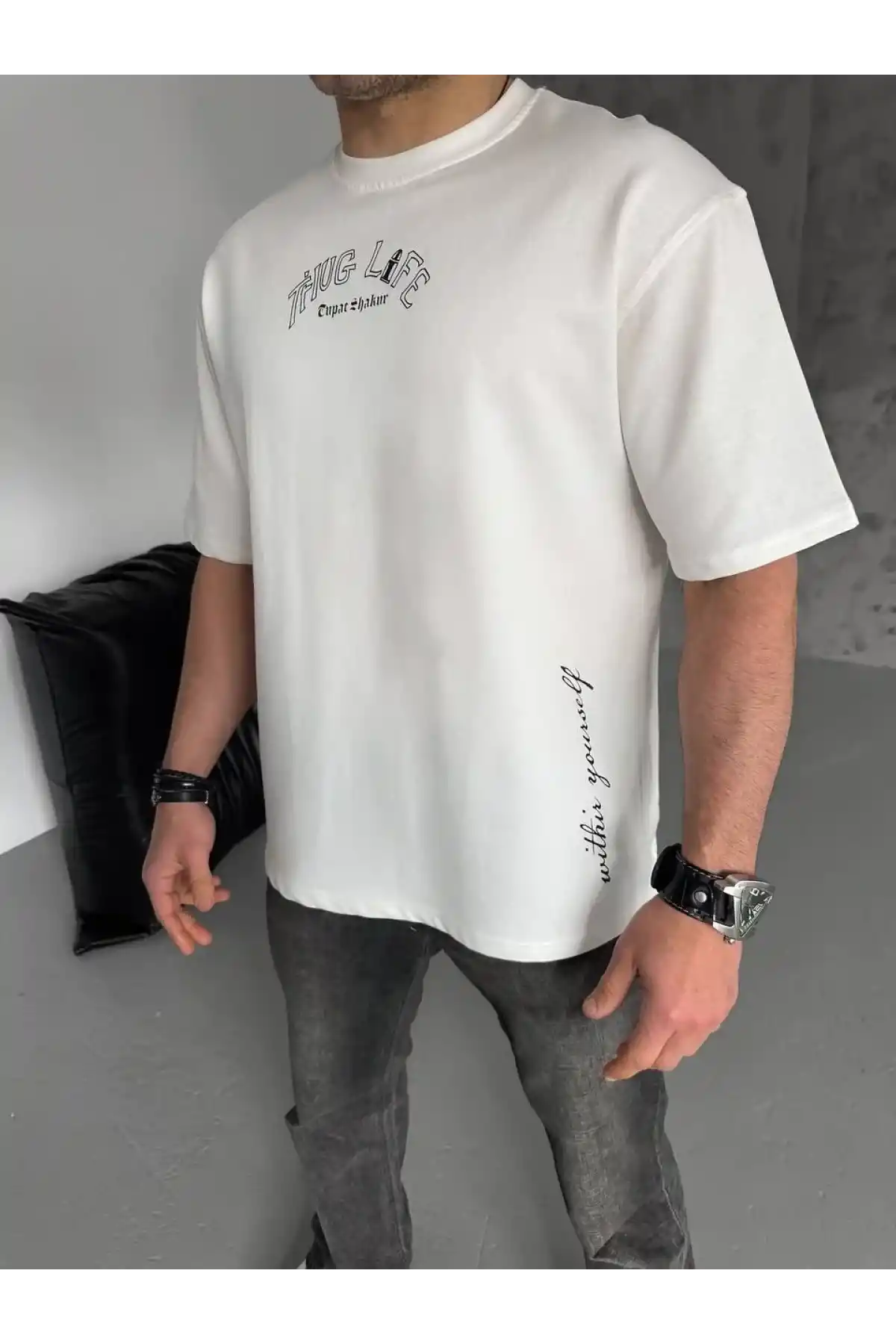 Unisex Baskılı Oversize T-Shirt - Beyaz