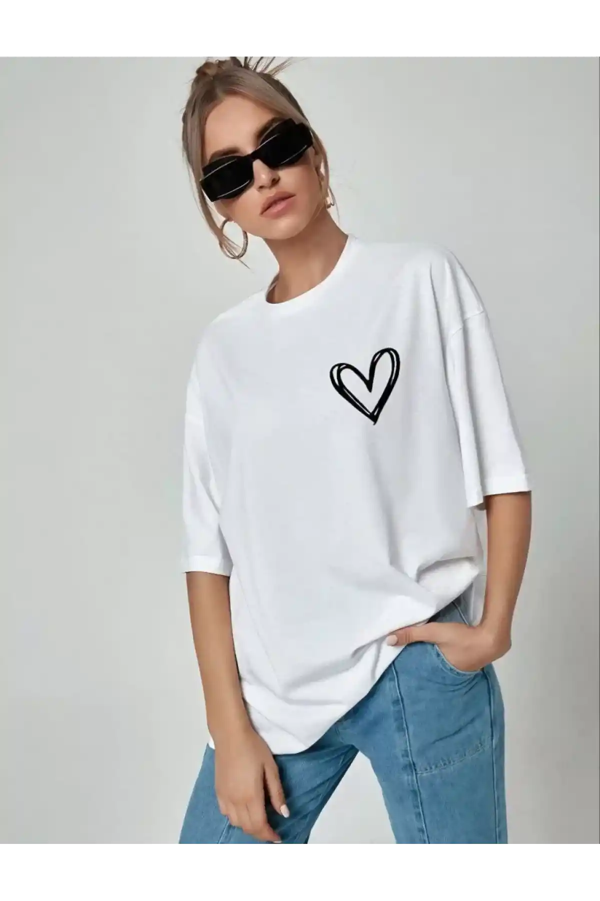 Unisex Baskılı Oversize T-Shirt - Beyaz
