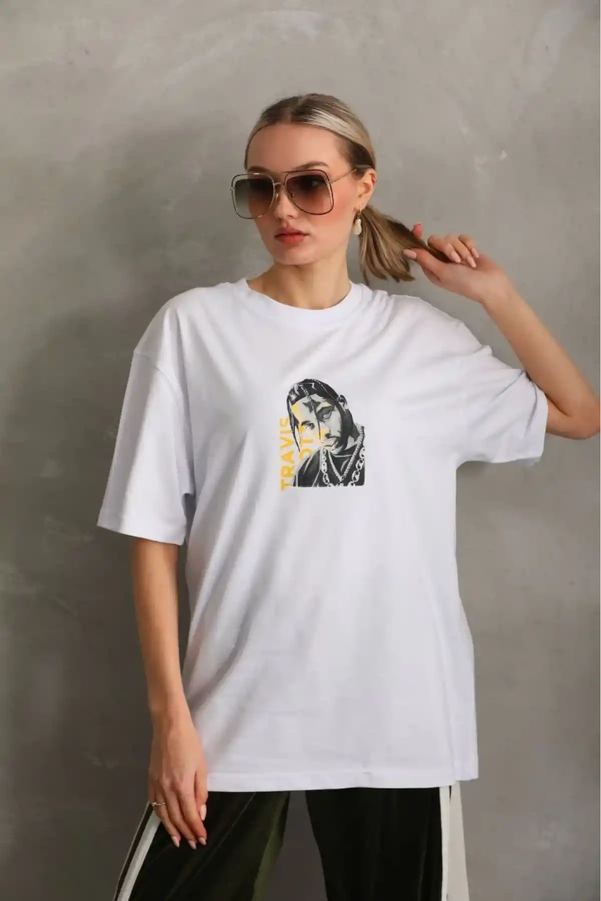Kadın Baskılı Oversize T-Shirt - Beyaz