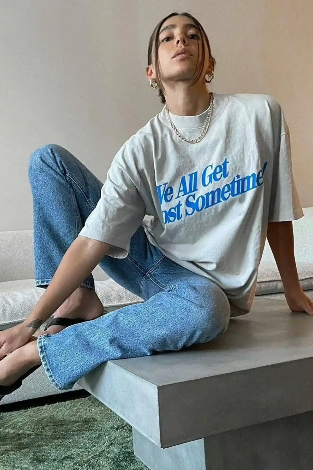 Kadın Baskılı Oversize T-Shirt - Beyaz