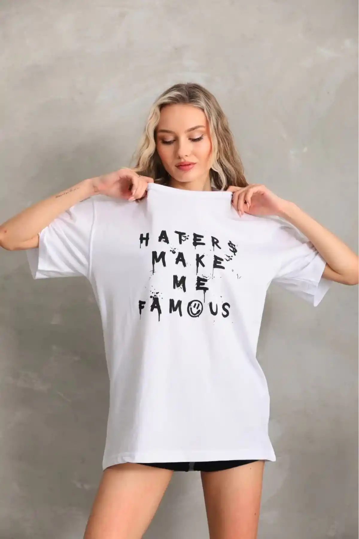 Kadın Baskılı Oversize T-Shirt - Beyaz