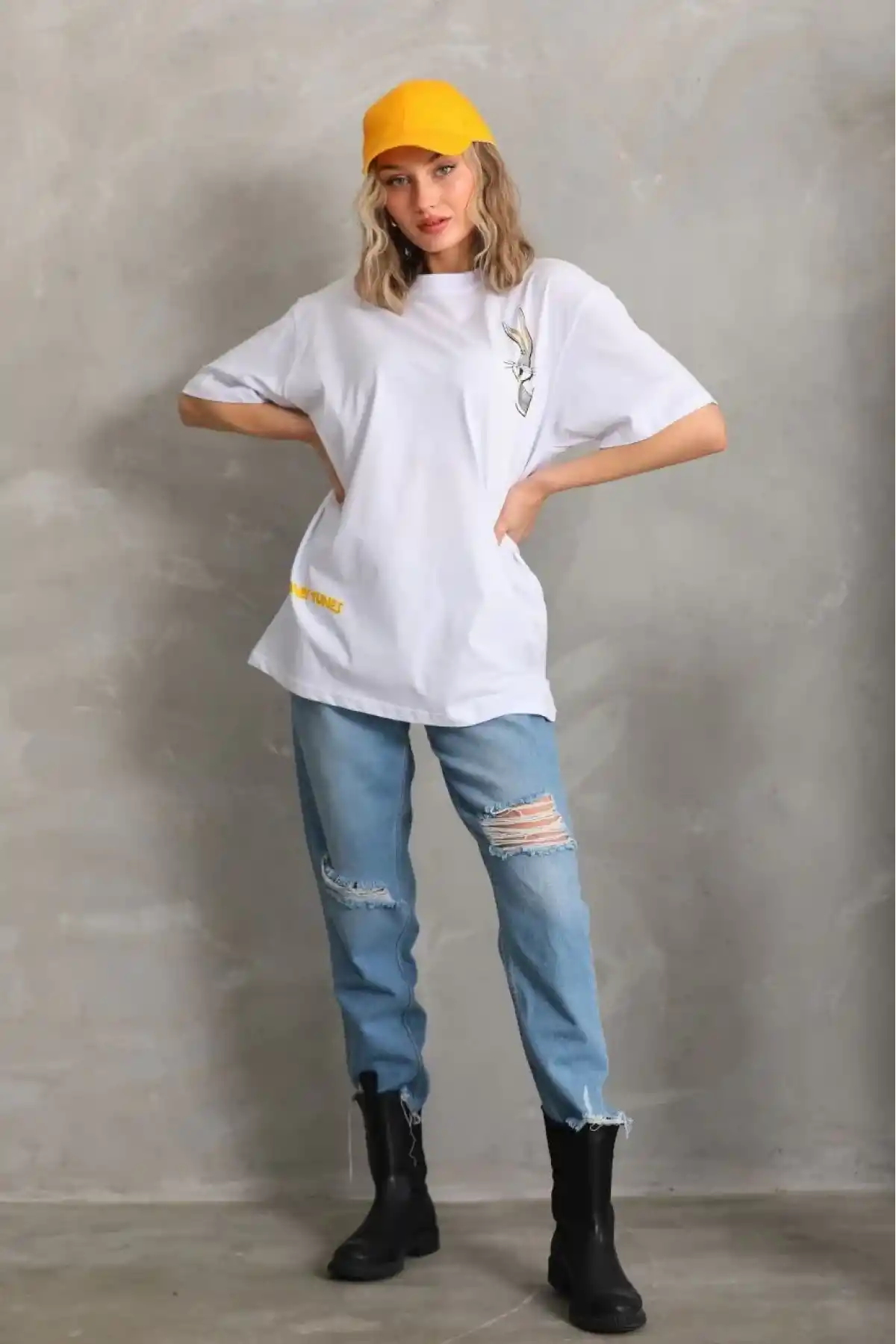 Kadın Baskılı Oversize T-Shirt - Beyaz