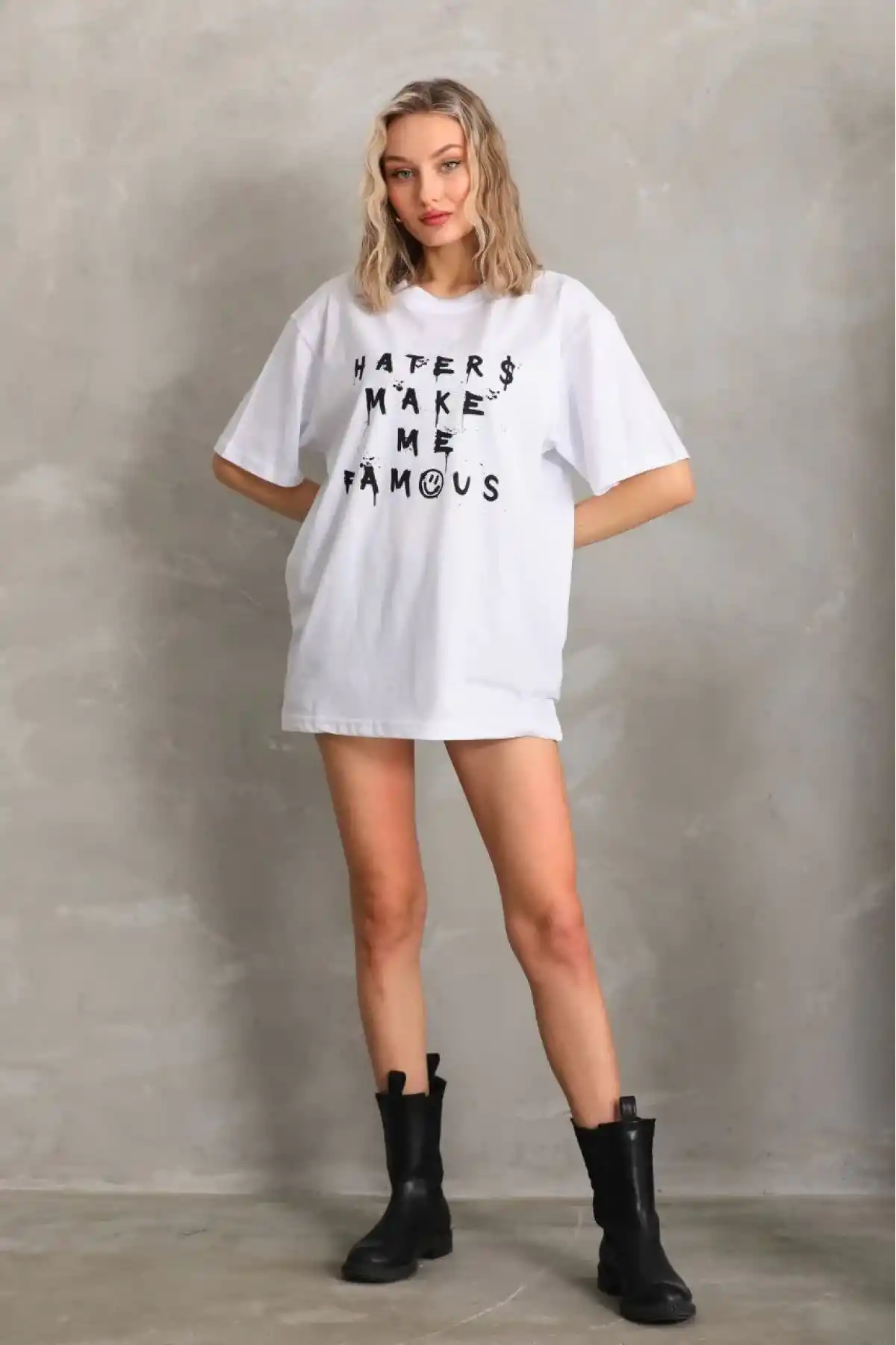 Kadın Baskılı Oversize T-Shirt - Beyaz