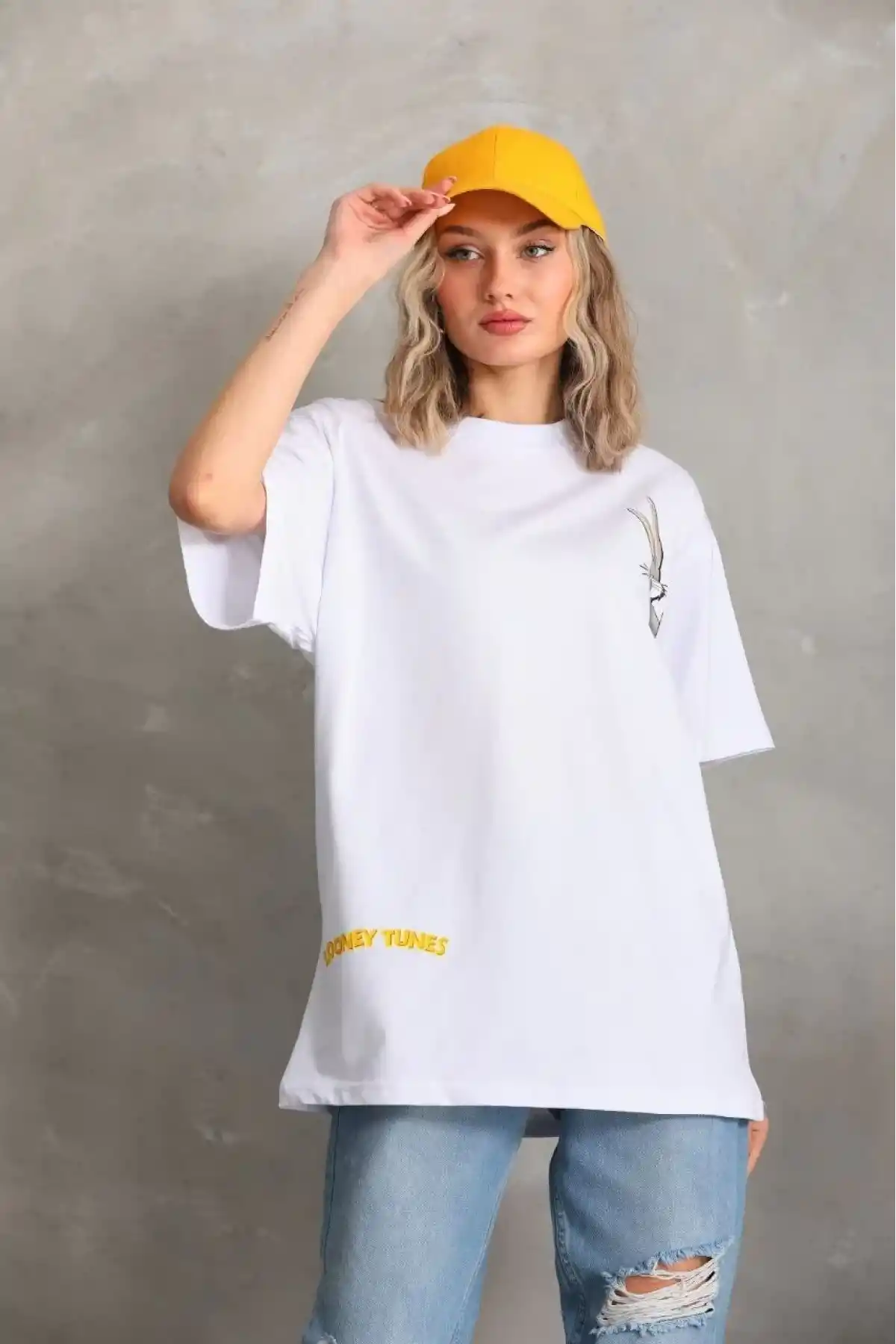 Kadın Baskılı Oversize T-Shirt - Beyaz