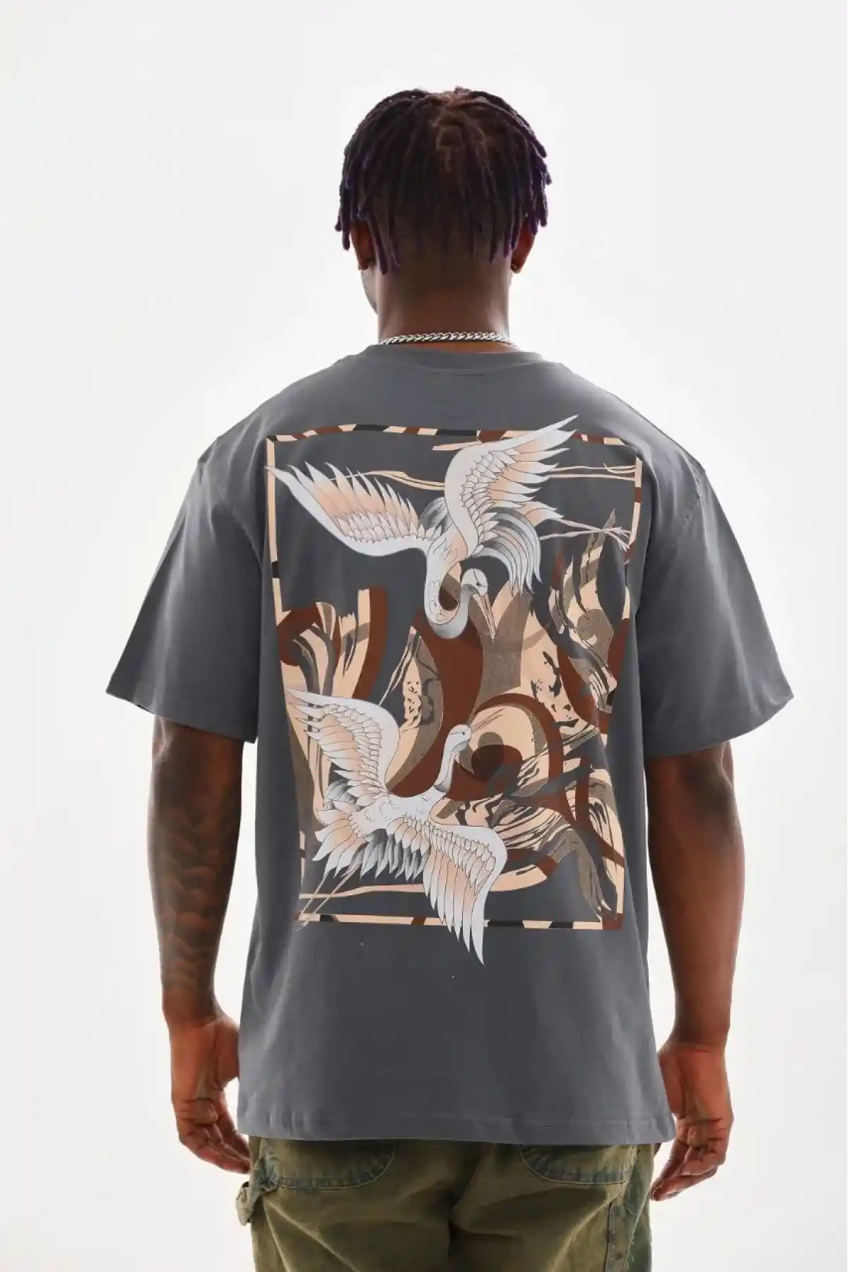 Erkek Baskılı T-Shirt Kısa Kol Bisiklet Yaka Rahat Kalıp Tişört  - Füme