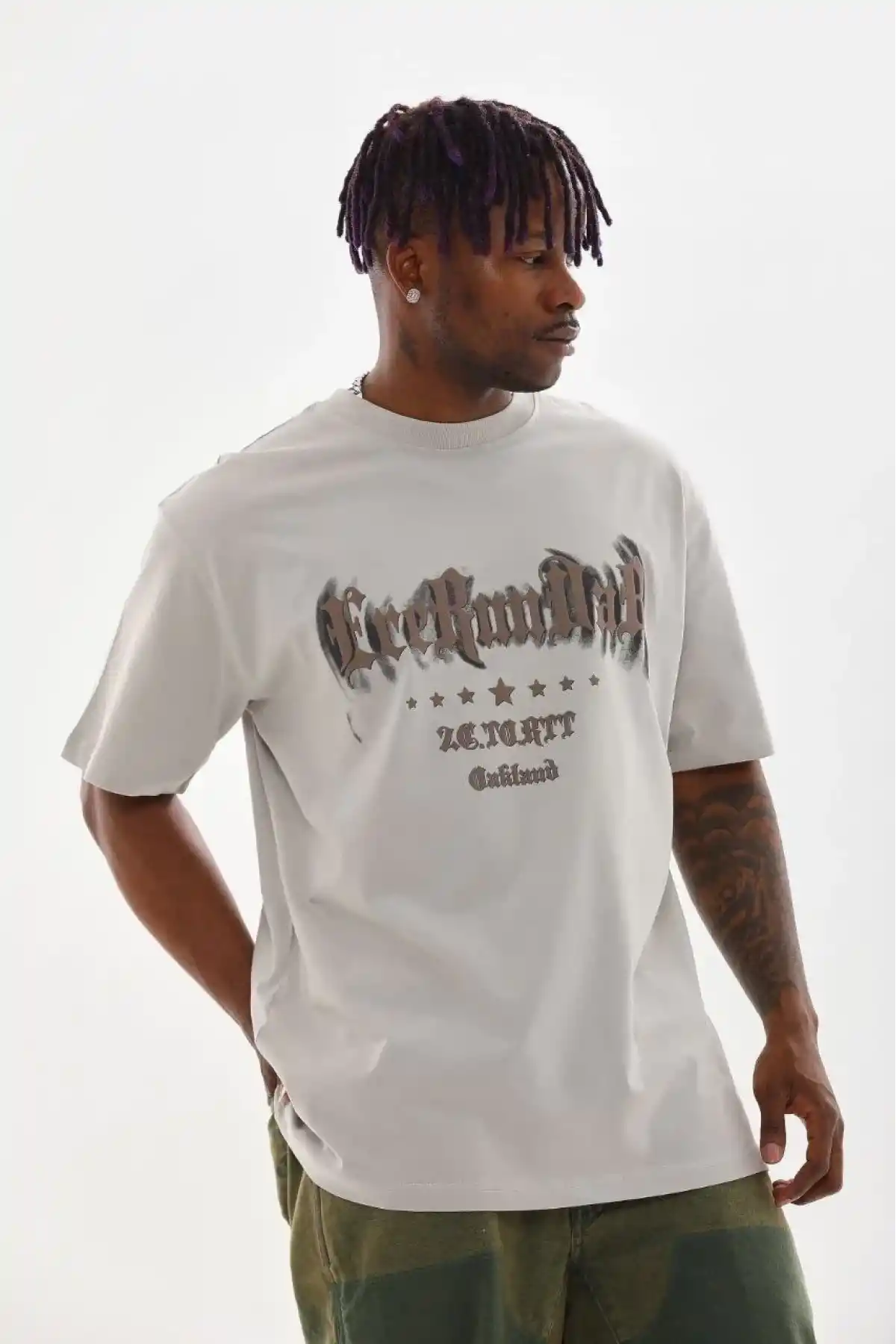 Erkek Baskılı T-Shirt Kısa Kol Bisiklet Yaka Rahat Kalıp Tişört  - Gri