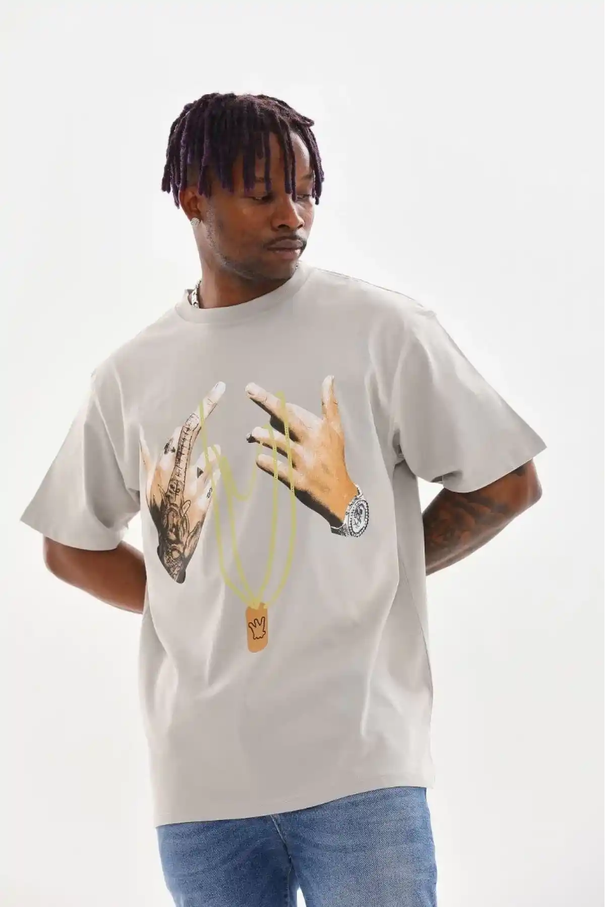 Unisex Baskılı Oversize T-Shirt - Gri