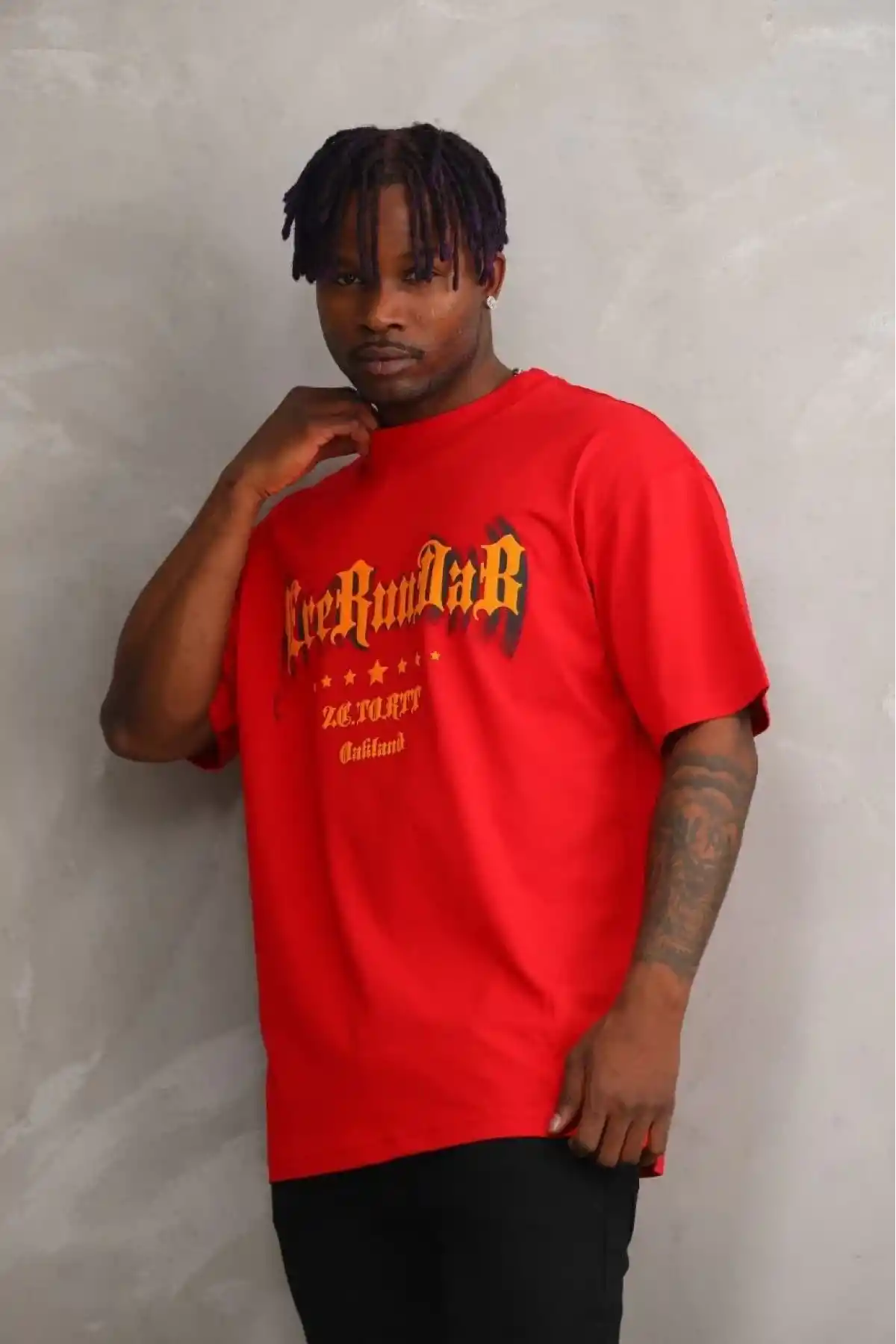 Erkek Baskılı T-Shirt Kısa Kol Bisiklet Yaka Rahat Kalıp Tişört - Kırmızı