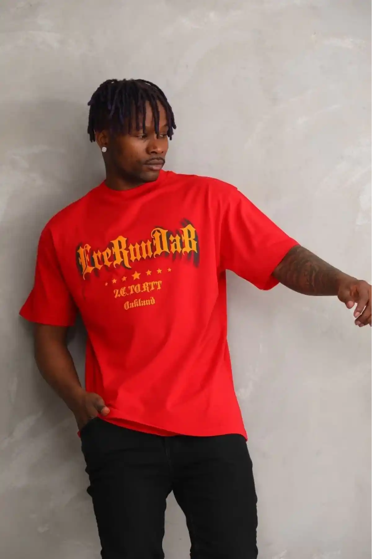 Erkek Baskılı T-Shirt Kısa Kol Bisiklet Yaka Rahat Kalıp Tişört - Kırmızı