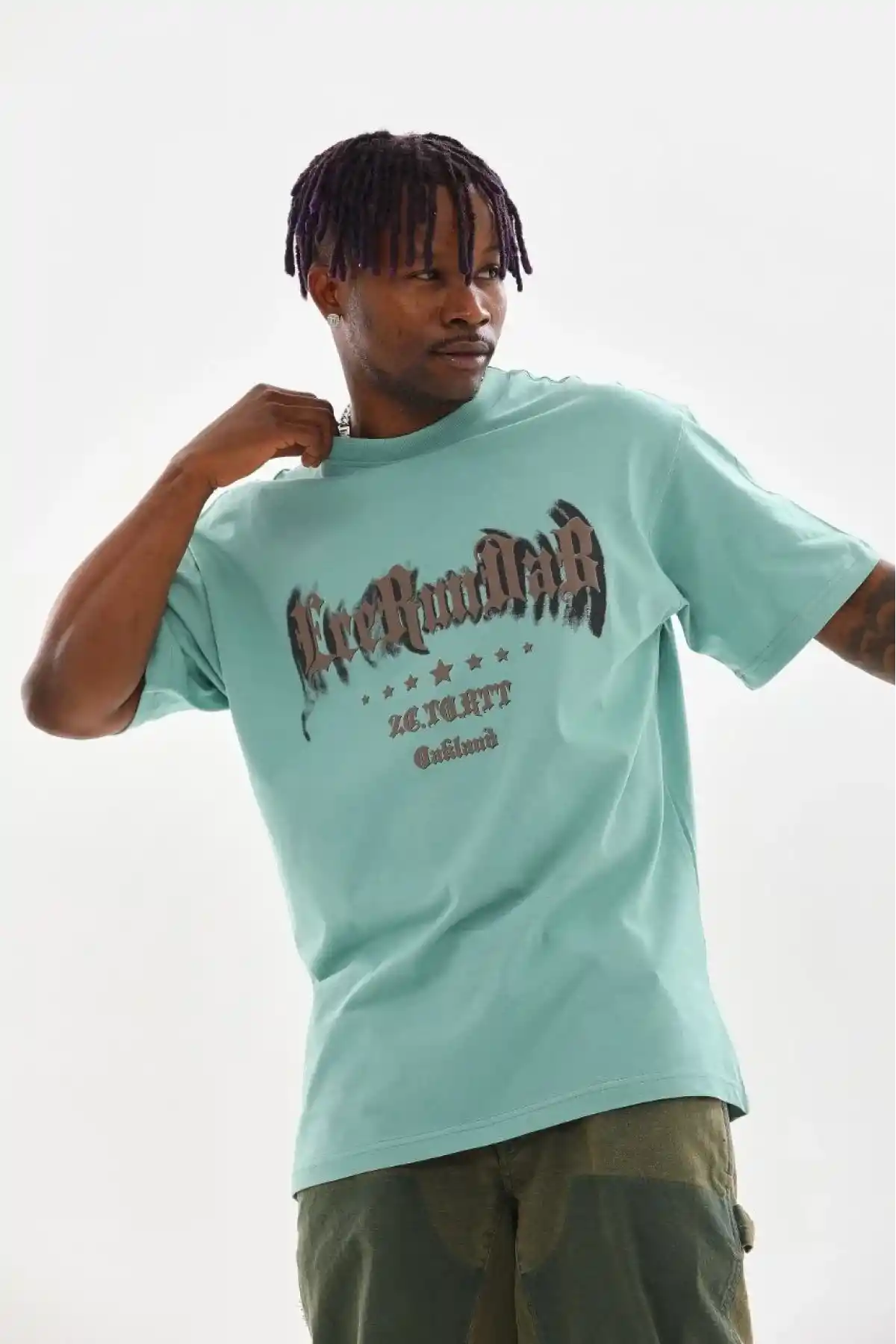 Erkek Baskılı T-Shirt Kısa Kol Bisiklet Yaka Rahat Kalıp Tişört - Mint Yeşili