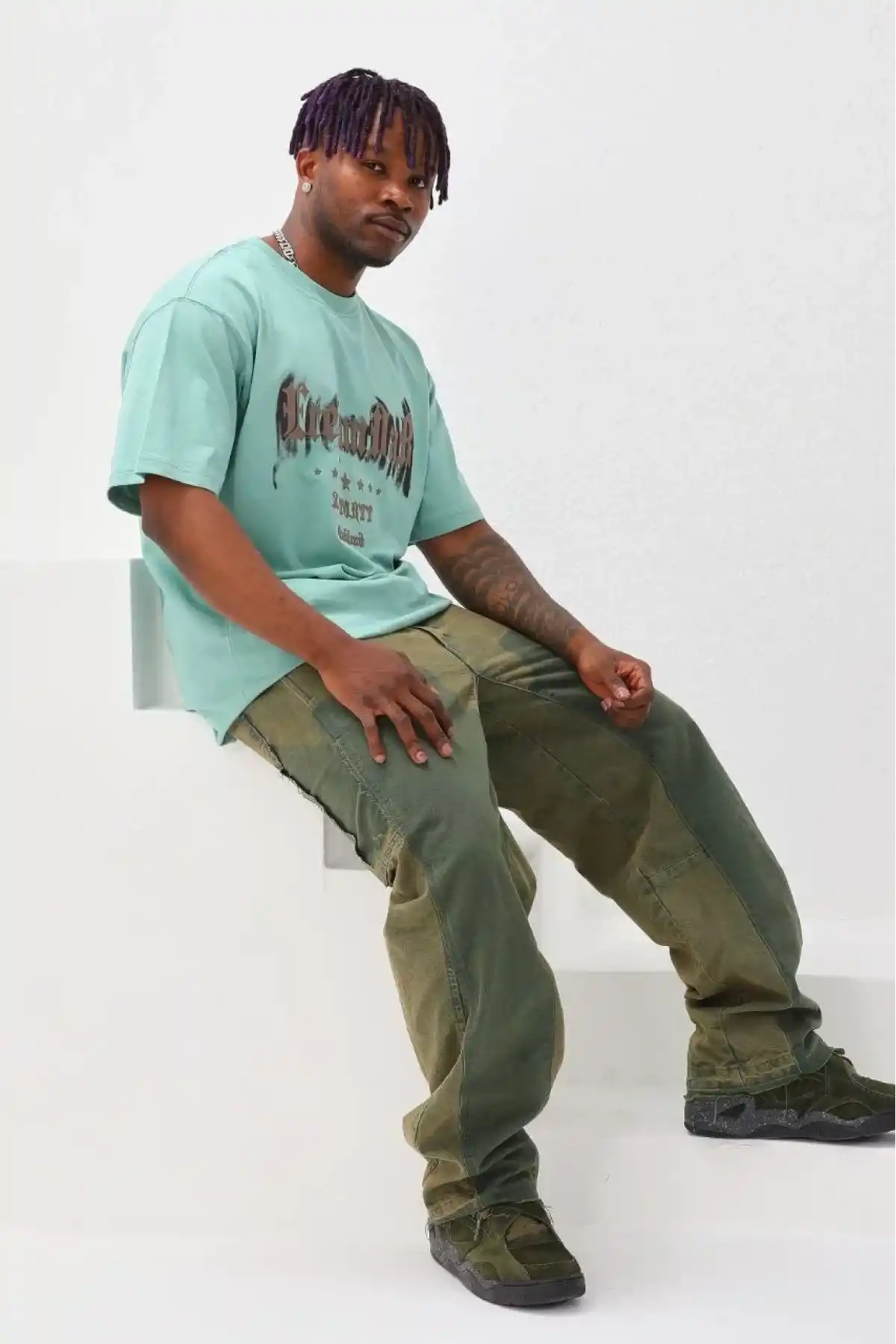 Erkek Baskılı T-Shirt Kısa Kol Bisiklet Yaka Rahat Kalıp Tişört - Mint Yeşili