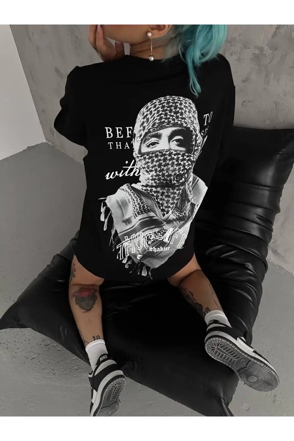 Kadın Baskılı Oversize T-Shirt - Siyah