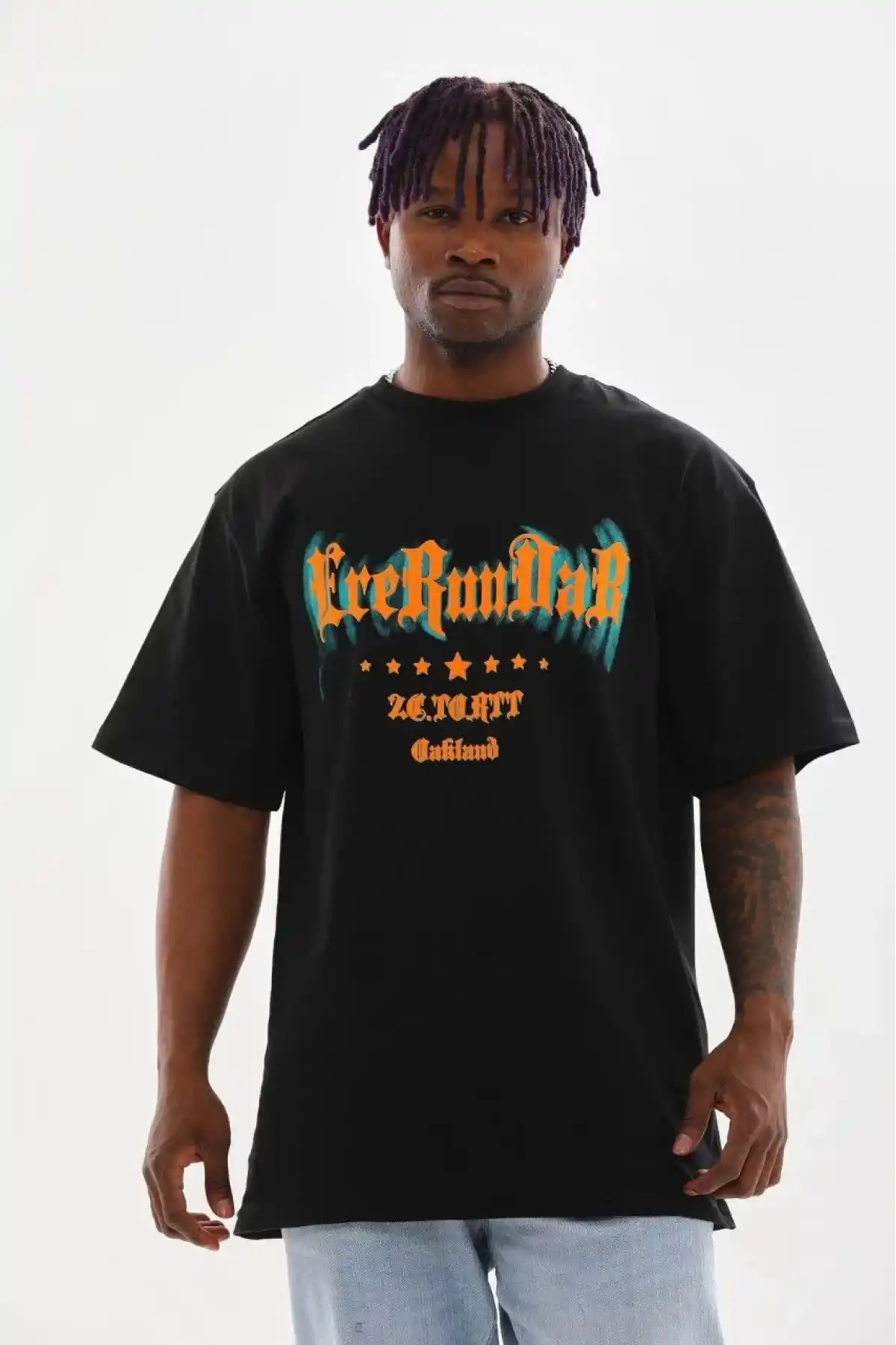 Erkek Baskılı T-Shirt Kısa Kol Bisiklet Yaka Rahat Kalıp Tişört - Siyah