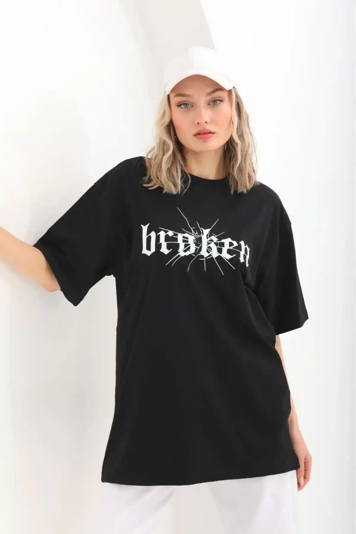Kadın Baskılı Oversize T-Shirt - Siyah