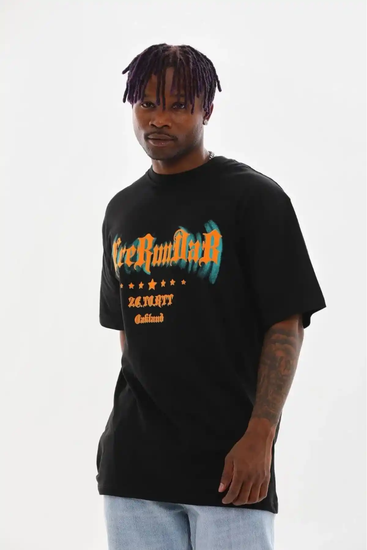 Erkek Baskılı T-Shirt Kısa Kol Bisiklet Yaka Rahat Kalıp Tişört - Siyah