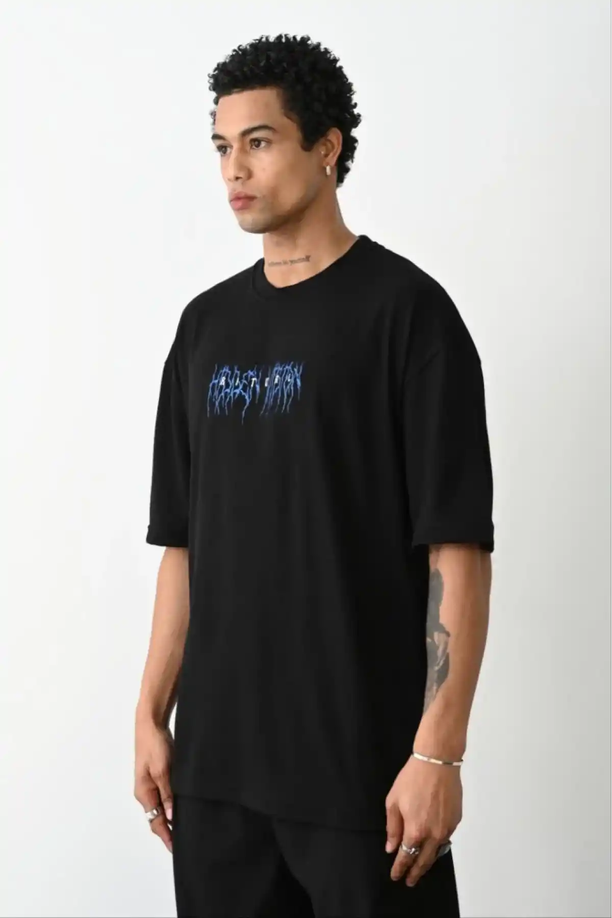 Unisex Baskılı Oversize T-Shirt - Siyah